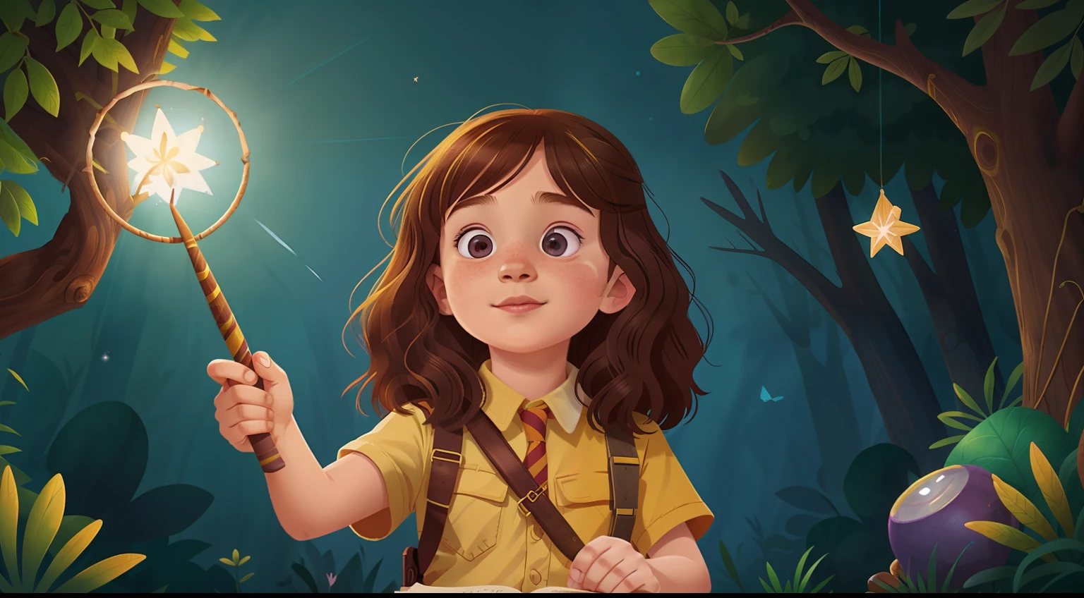 1girl, solo focus, child, light freckles, (9 year old), a young gir, Wave your magic wand，hermione granger, children’s book illustration style