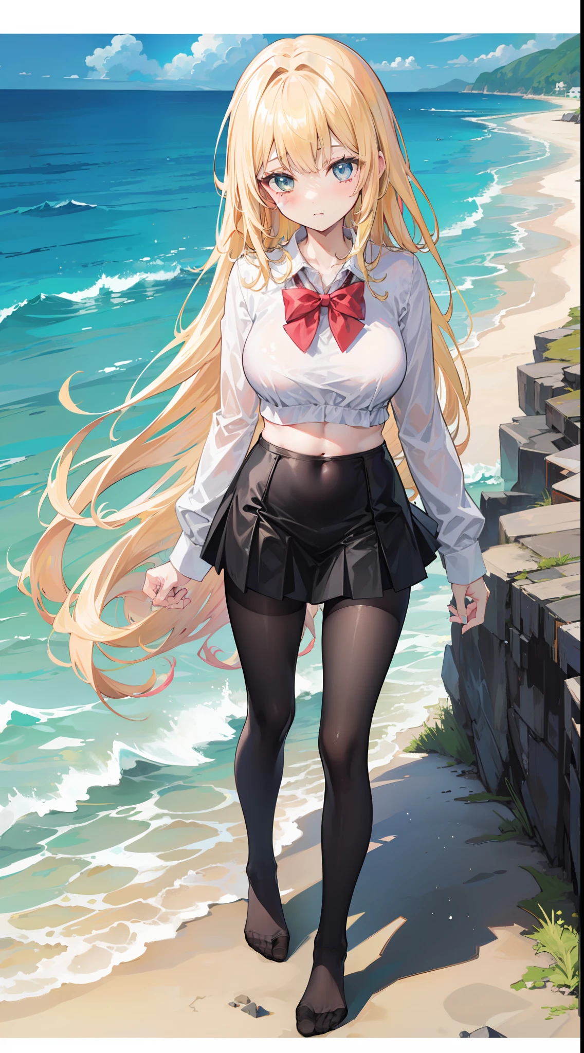 Masterpiece（（tmasterpiece）），（White color blouse），（（black micro skirt）），（Black transparent stockings），adolable，is shy，（Long yellow）Hair，red bowtie，long leges，（Have by the sea），（Facing the sea），Open navel，No shoes on