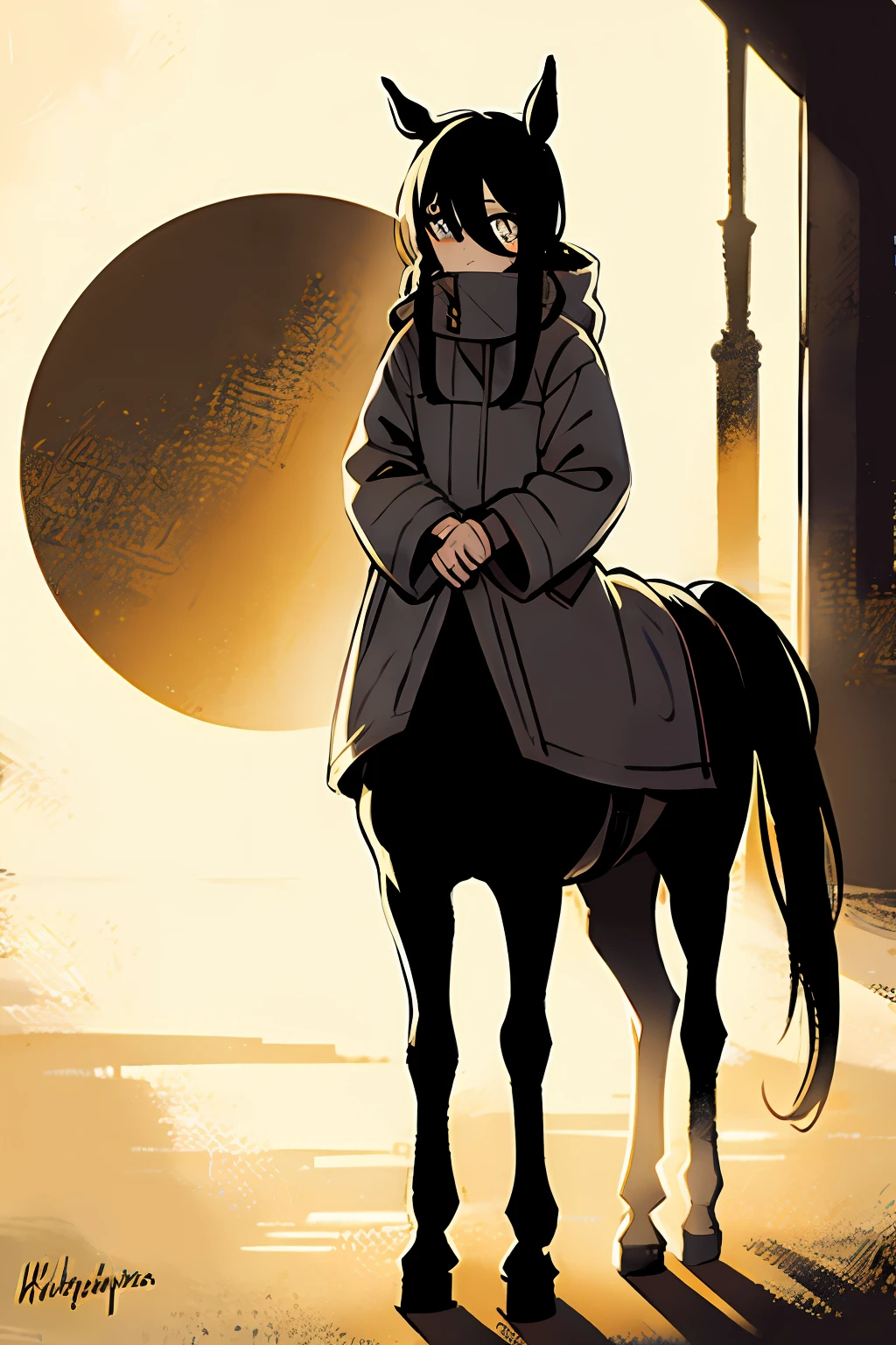 1girll,Cold,The eyes are yellowish-brown,Light and shadow interlace,Half horse, half man,Lots of details。