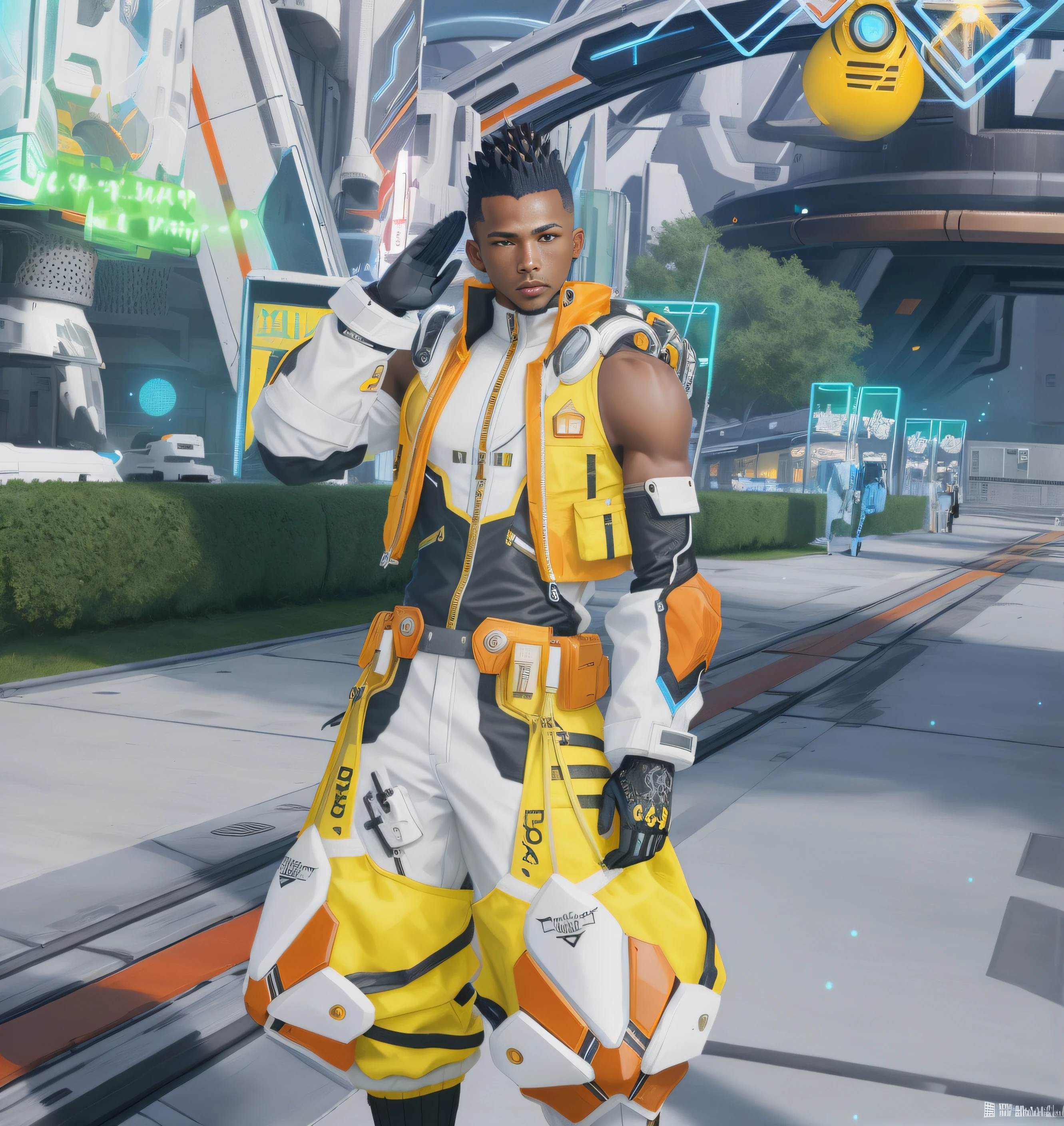 ((masterpiece, best quality)), Black man with mohawk braids in yellow orange black and white baggy sci-fi jumpsuit, white orange and black large bracers, yellow and orange jacket, long black socks, Saluting, in a futuristic town, realistic art style, intricate details