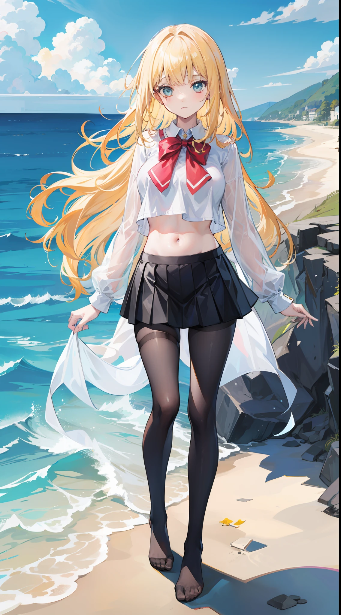 Masterpiece（（tmasterpiece）），（White color blouse），（（black micro skirt）），（Black transparent stockings），adolable，is shy，（Long yellow）Hair，red bowtie，long leges，（Have by the sea），（Facing the sea），Open navel，No shoes on