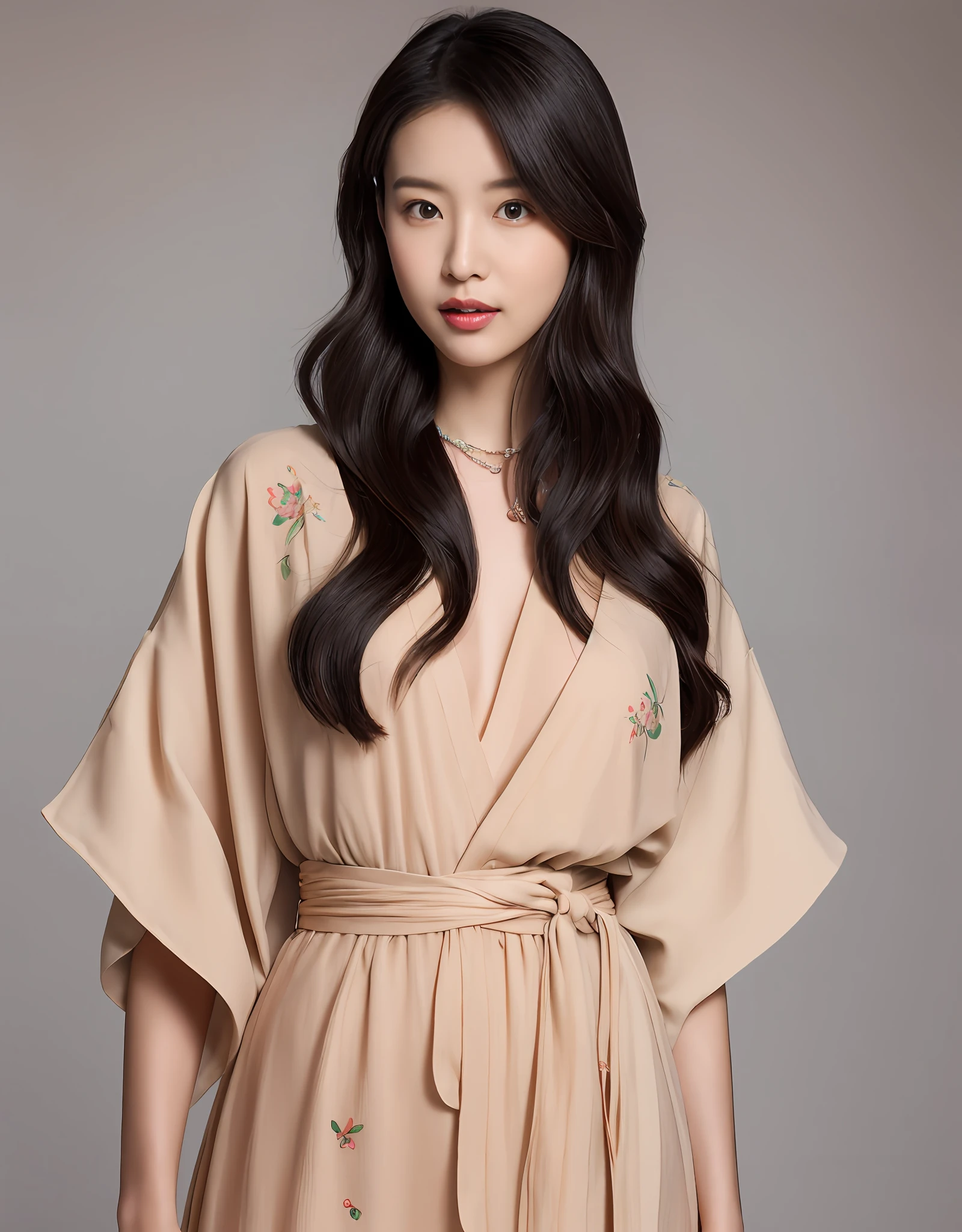 Portrait of a young Japanese woman with long black hair, almond eyes, Peach lipstick, Wear a flower kimono and a jade necklace. (8K, Best quality : 1.2), (Masterpiece, Photorealistic : 1.3), Super detail, Anatomically correct