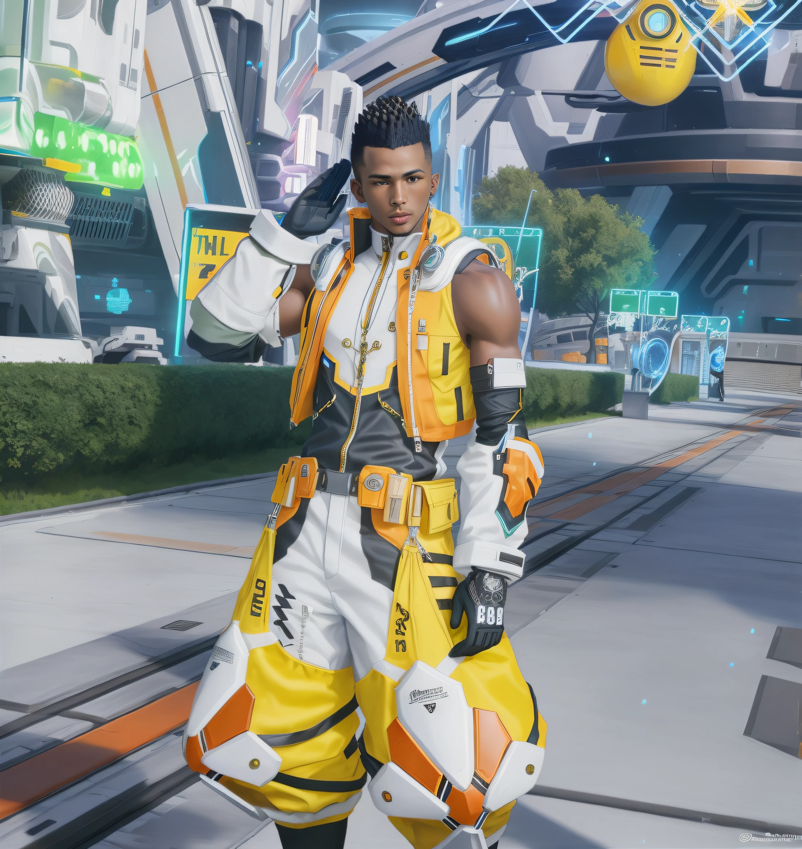 ((masterpiece, best quality)), Black man with mohawk braids in yellow orange black and white baggy sci-fi jumpsuit, white orange and black large bracers, yellow and orange jacket, long black socks, Saluting, in a futuristic town, realistic art style, intricate details
