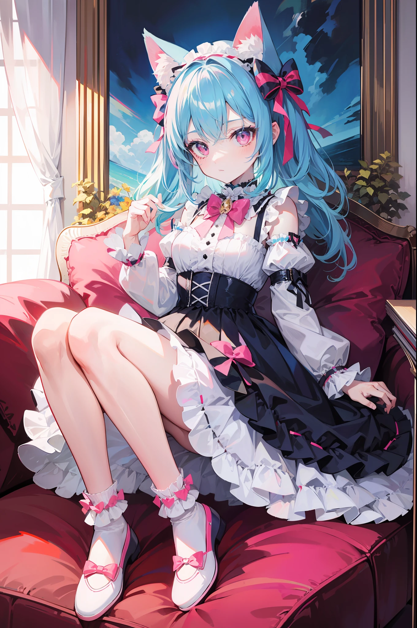 lightblue hair,Cat ears,Pink eyes,Light blue ta,White socks,pink bows