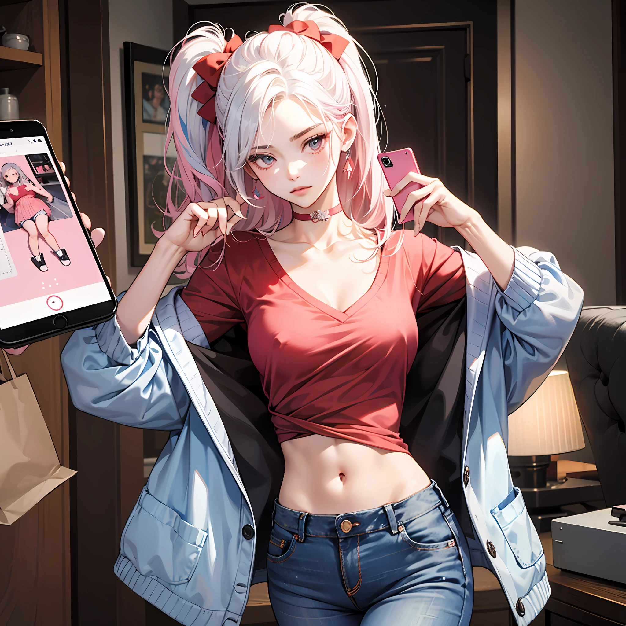 incantation(Prompt): 1 girl,Wear a pink bow,耳Nipple Ring,pink choker, arm tattoo, (colored hair), white hair,black pants, mobile phone, short top, denim, jeans, long hair, abdomen, back, cardigan, jeans, phone, shirt, smartphone, single person, abdomen, (red shirt),
Model: Style model(Fresh and unsatisfied) --auto