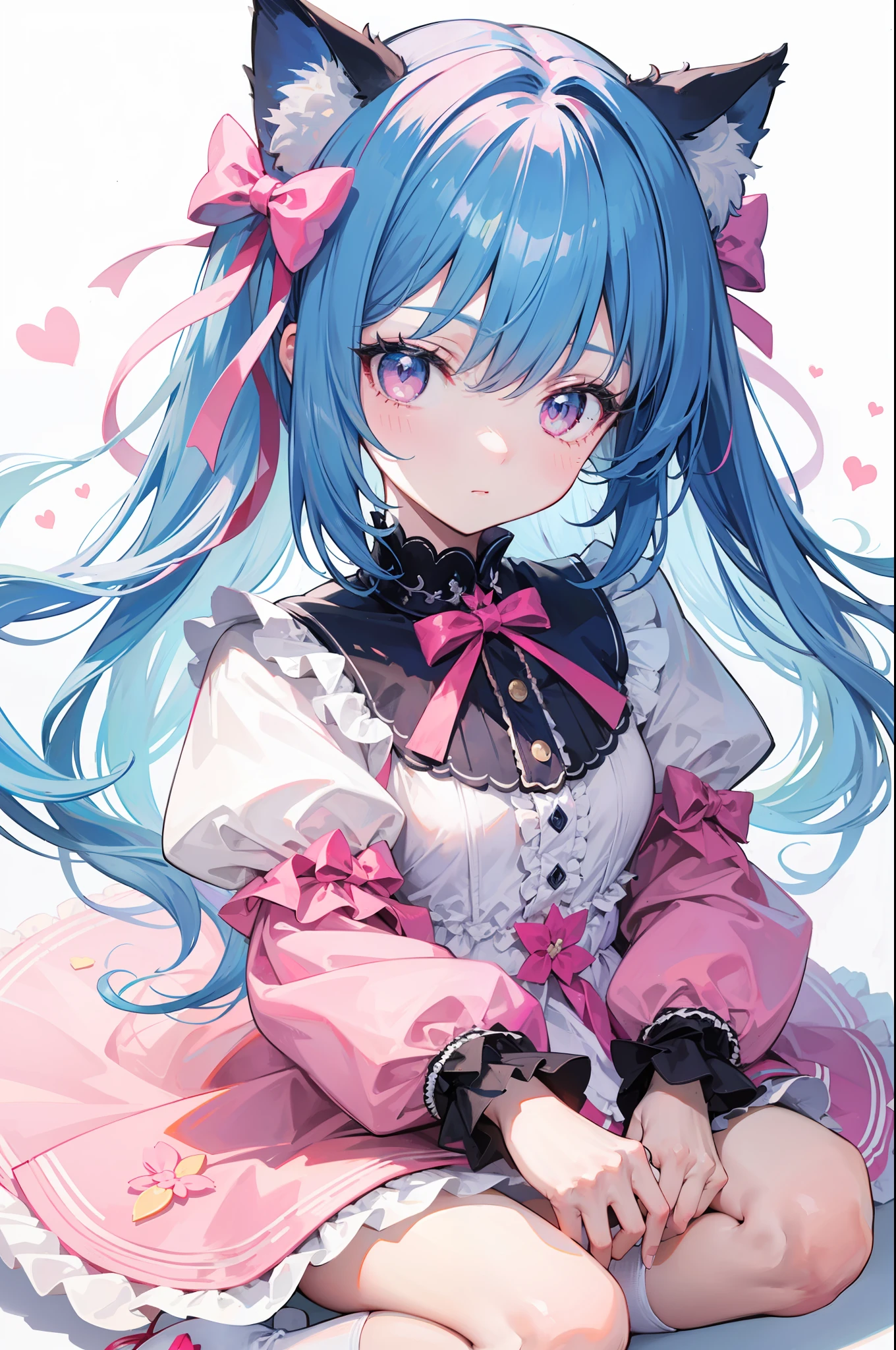lightblue hair，Cat ears，Pink eyes，Light blue Lolita，White  socks，pink bows