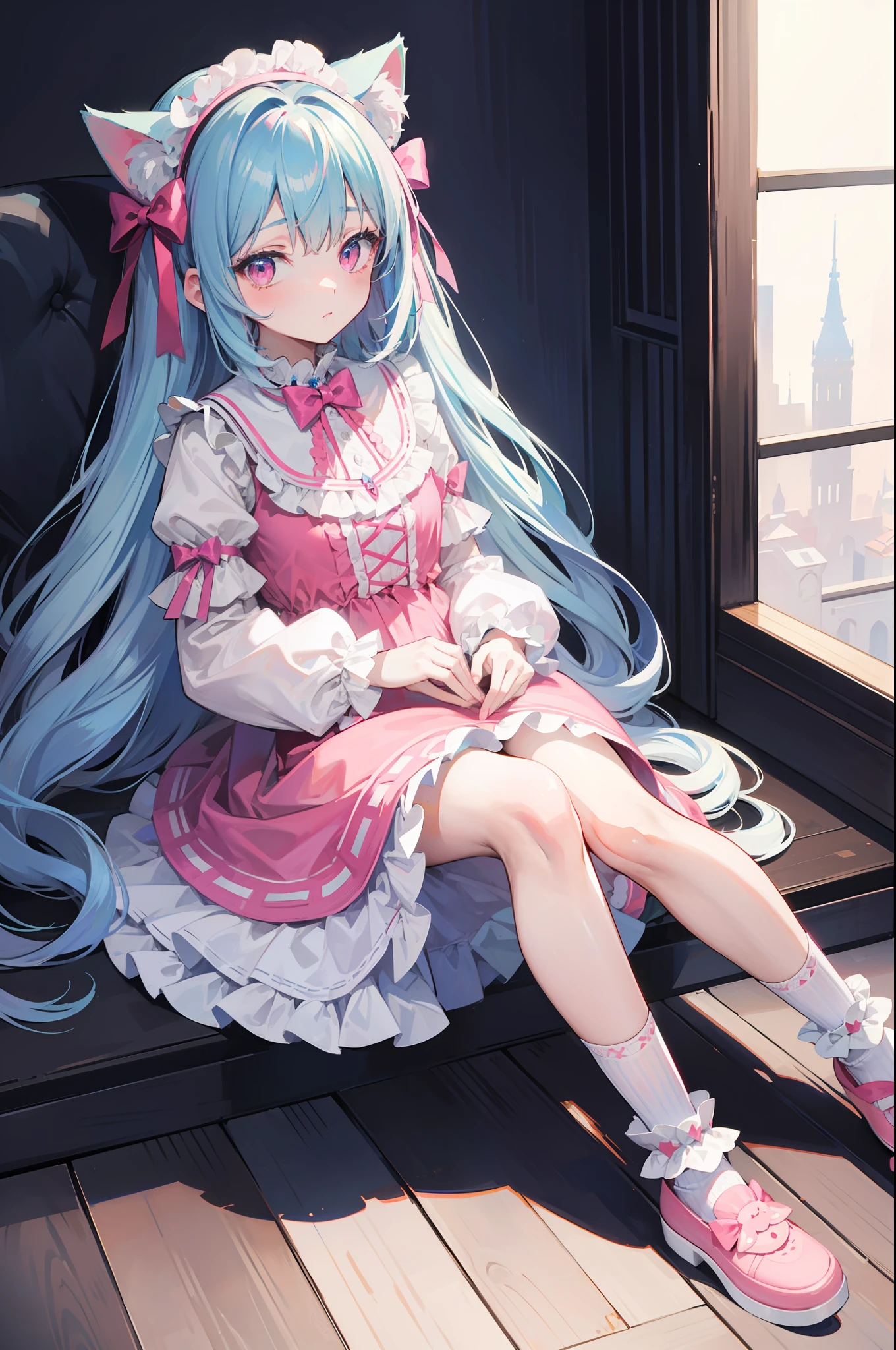 lightblue hair,Cat ears,Pink eyes,Light blue Lolita,White socks,pink bows