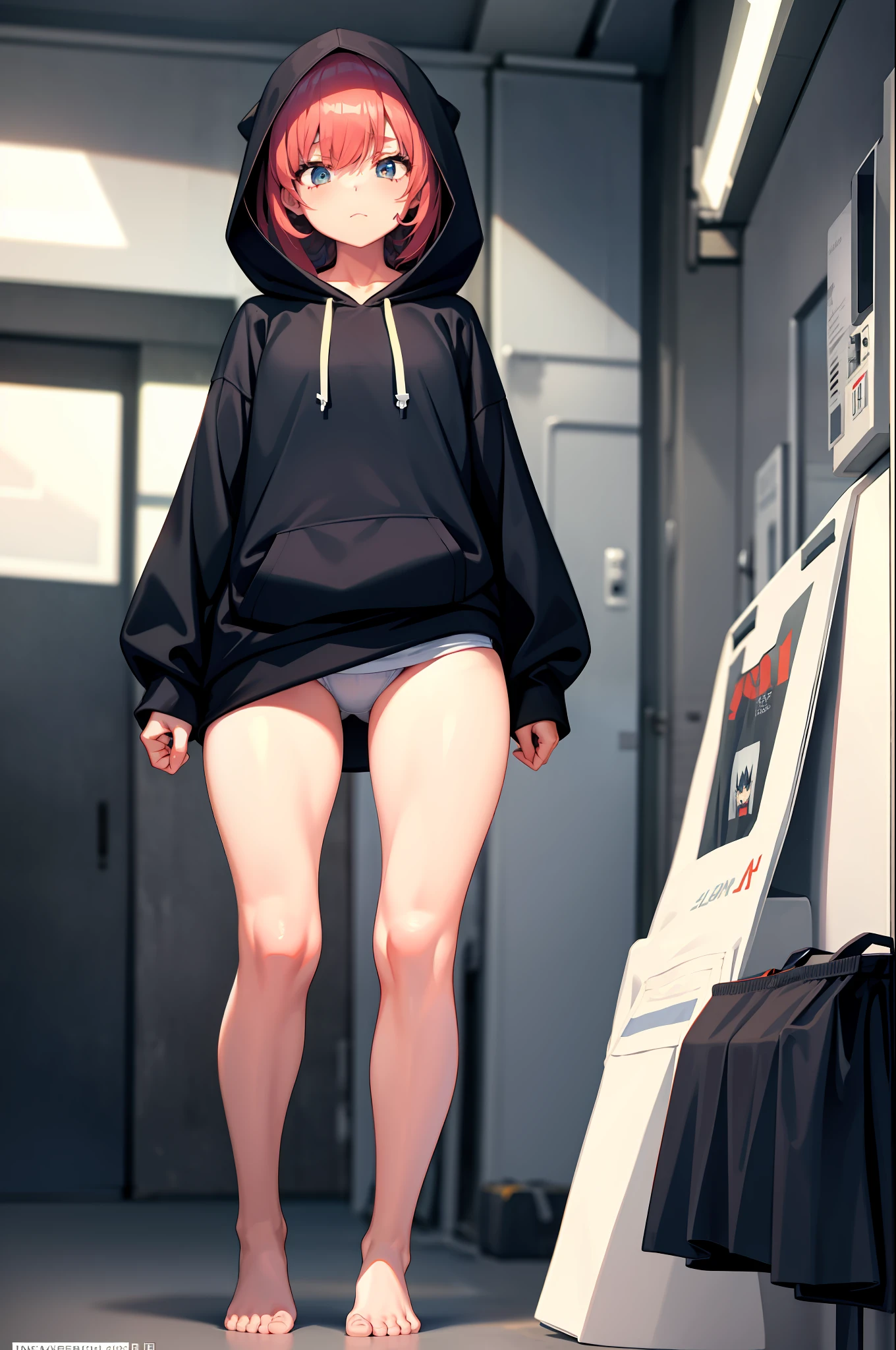 1girl, clothes tug, oversized clothes, hoodie, naked hoodie, sweater tug, wind, implied pantyshot,, masterpiece, best quality, highly detailed