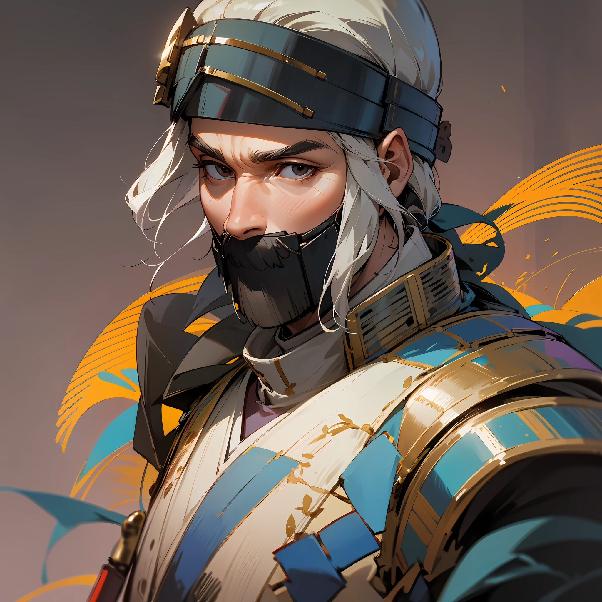 A middle-aged man,Clear facial features,There is a small mound under the nose,Flat expression,Japanese samurai dressed up,armour,holding a knife