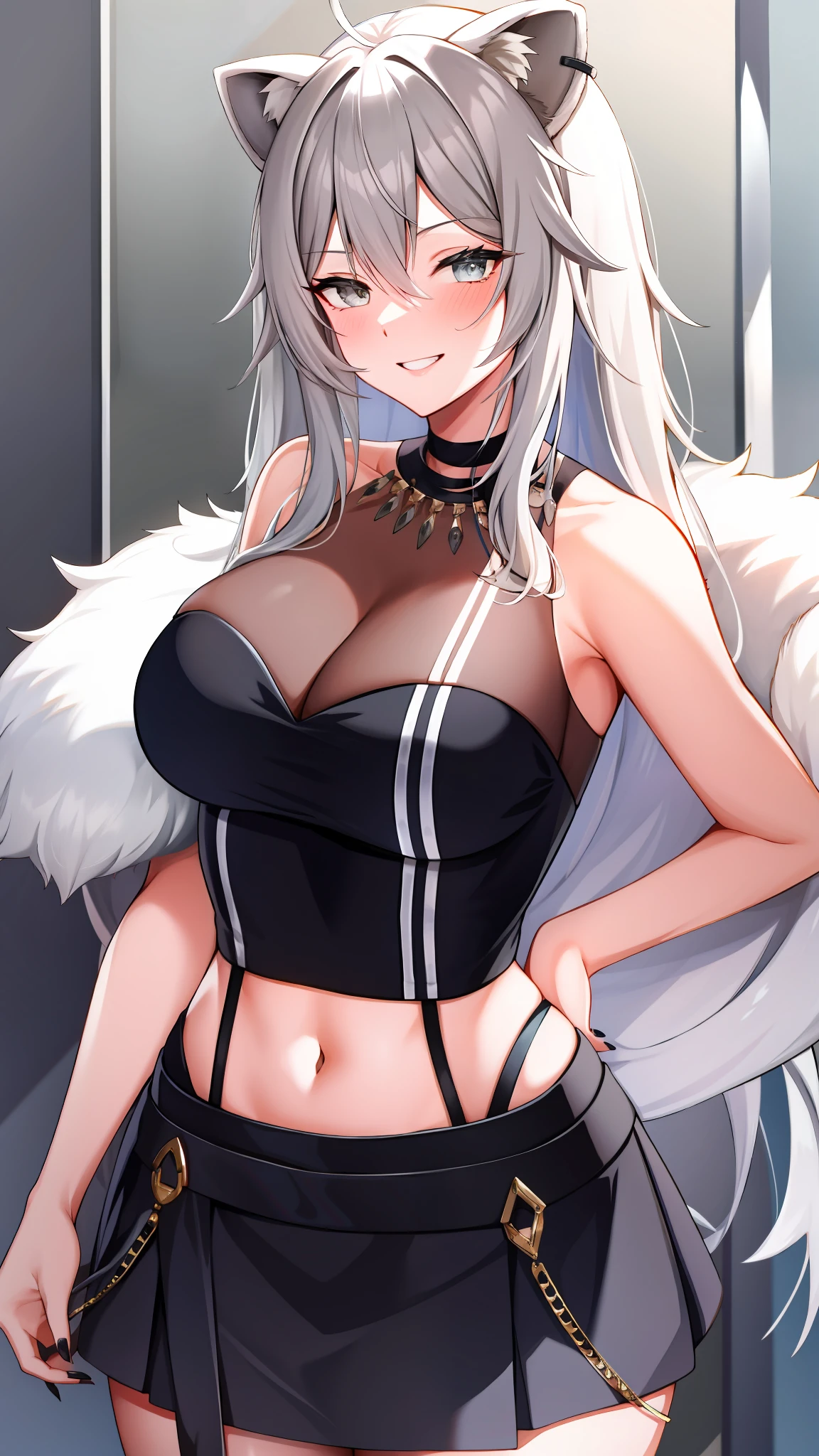 absurdres, highres, best quality, Botan, black top, fur-trim, oionlion ears, messy hair, skirt, messy hair, grey eyes, grey hair, long hair, black nails, sharp nails, dynamic pose, sexy pose, seductively smile, blush, hands behind back,
