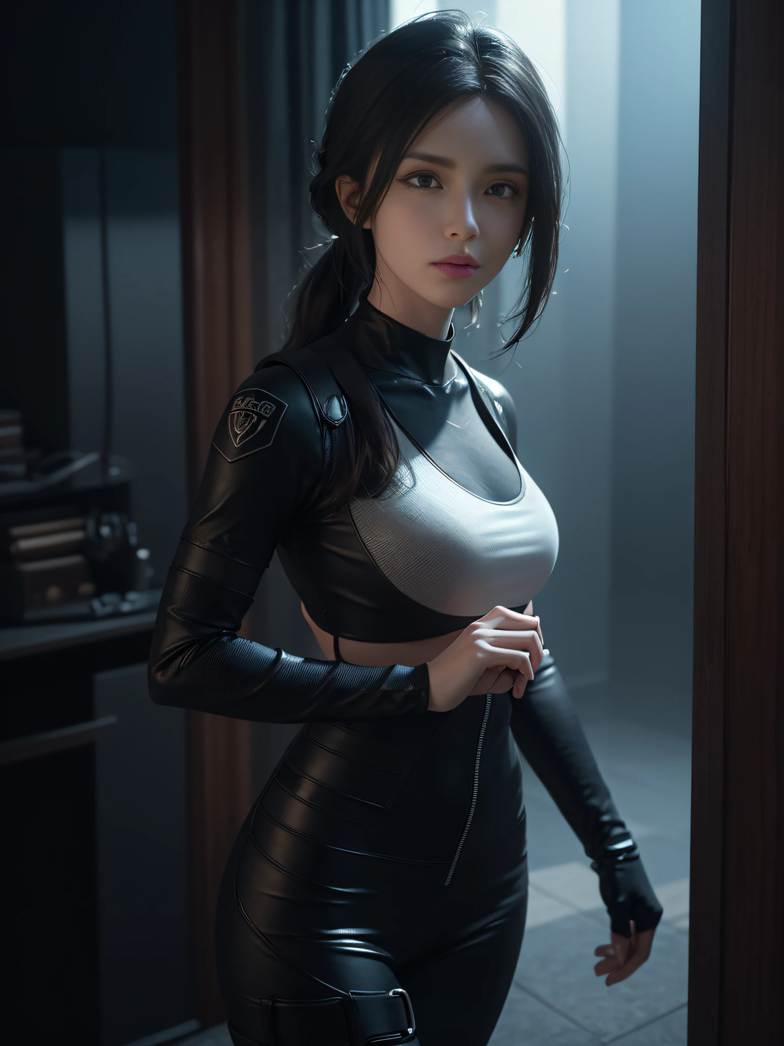 ((Best quality)), ((masterpiece)), (detailed:1.4), 3D, an image of a beautiful cyberpunk female,HDR (High Dynamic Range),Ray Tracing,NVIDIA RTX,Super-Resolution,Unreal 5,Subsurface scattering,PBR Texturing,Post-processing,Anisotropic Filtering,Depth-of-field,Maximum clarity and sharpness,Multi-layered textures,Albedo and Specular maps,Surface shading,Accurate simulation of light-material interaction,Perfect proportions,Octane Render,Two-tone lighting,Wide aperture,Low ISO,White balance,Rule of thirds,8K RAW,