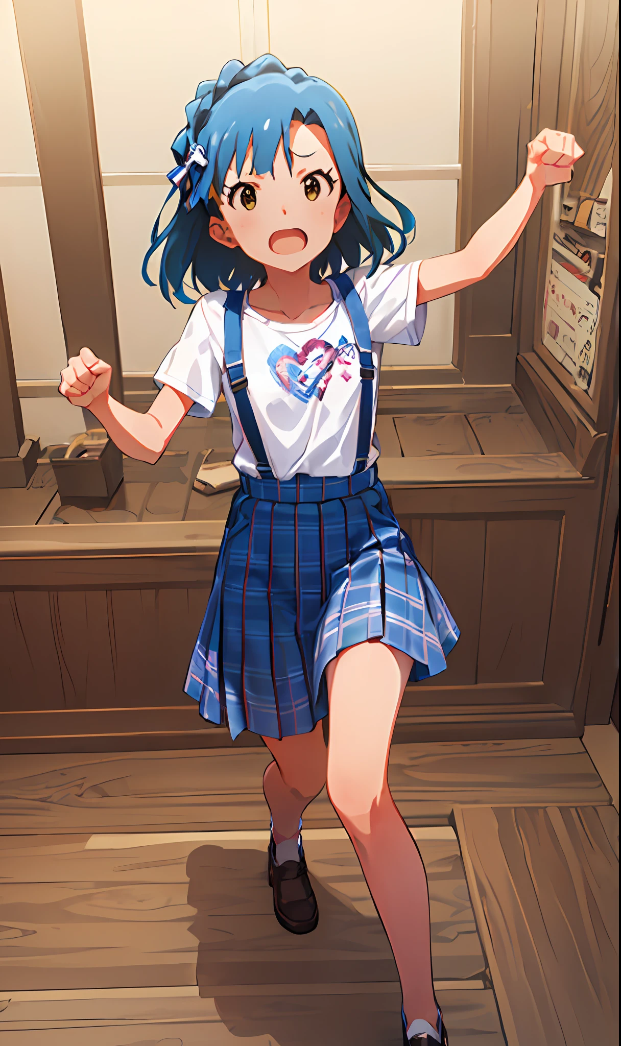 yuriko nanao (million live). Short stature. white t-shirts. suspenders.Skirt.(((masterpiece))).(((best quality))).((Ultra-detailed))).(((illustratio))). (((fighting stance))).(((a room))).(((make a fist))).(((up chest))).Despair face.((short-hair)).((Medium chest)).((Opening Mouth)).