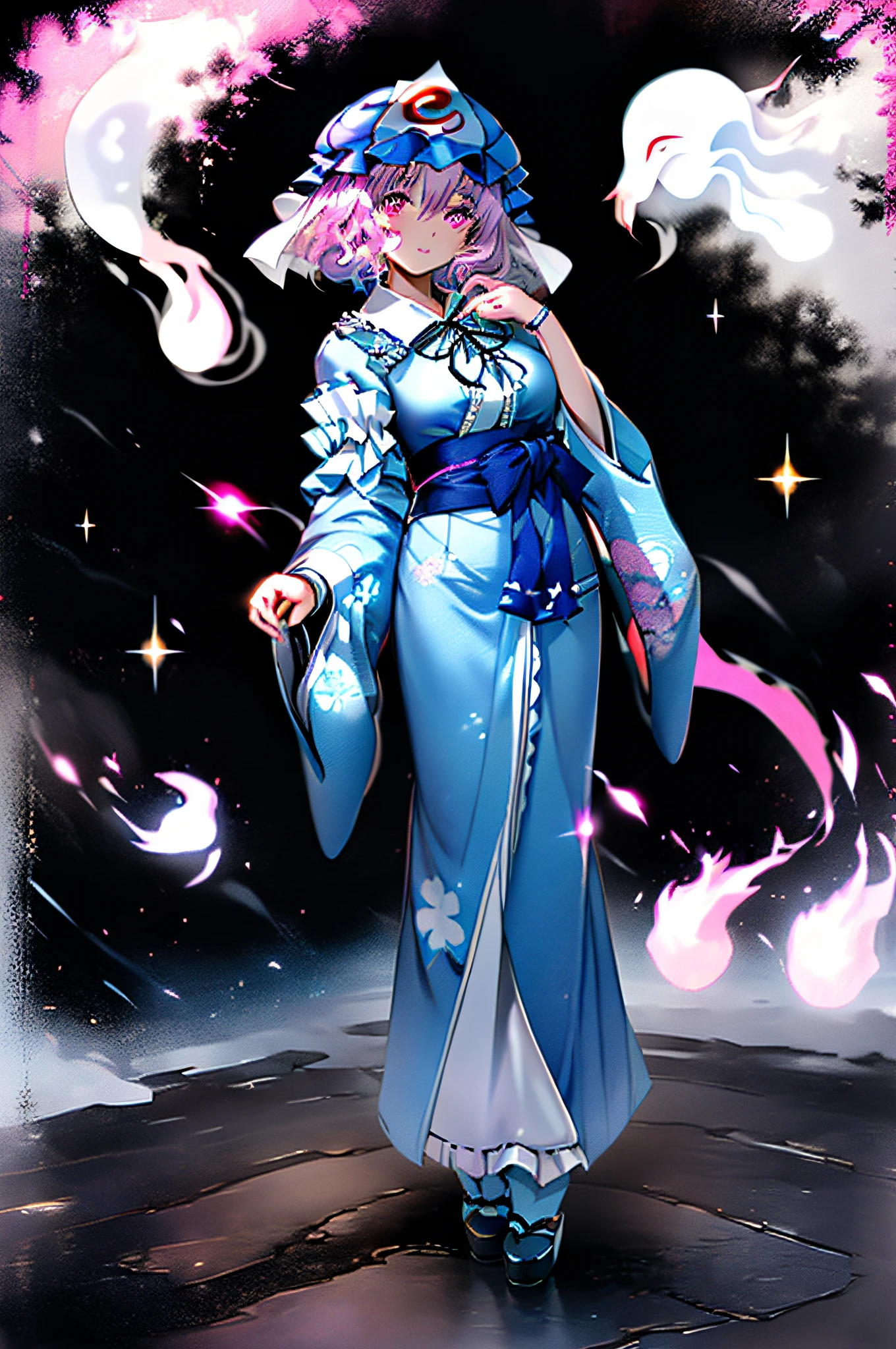 （KComic：1.2）,best quality,official art,Eastern Project,Saigyouji Yuyuko,solo,1 girl,pink short hair,pink eyes,blush,blue kimono,puffy sleeves,white socks,mary janes,konpaku youmu (ghost),glowing butterfl, sparkle,looking at viewer,full body,standing,