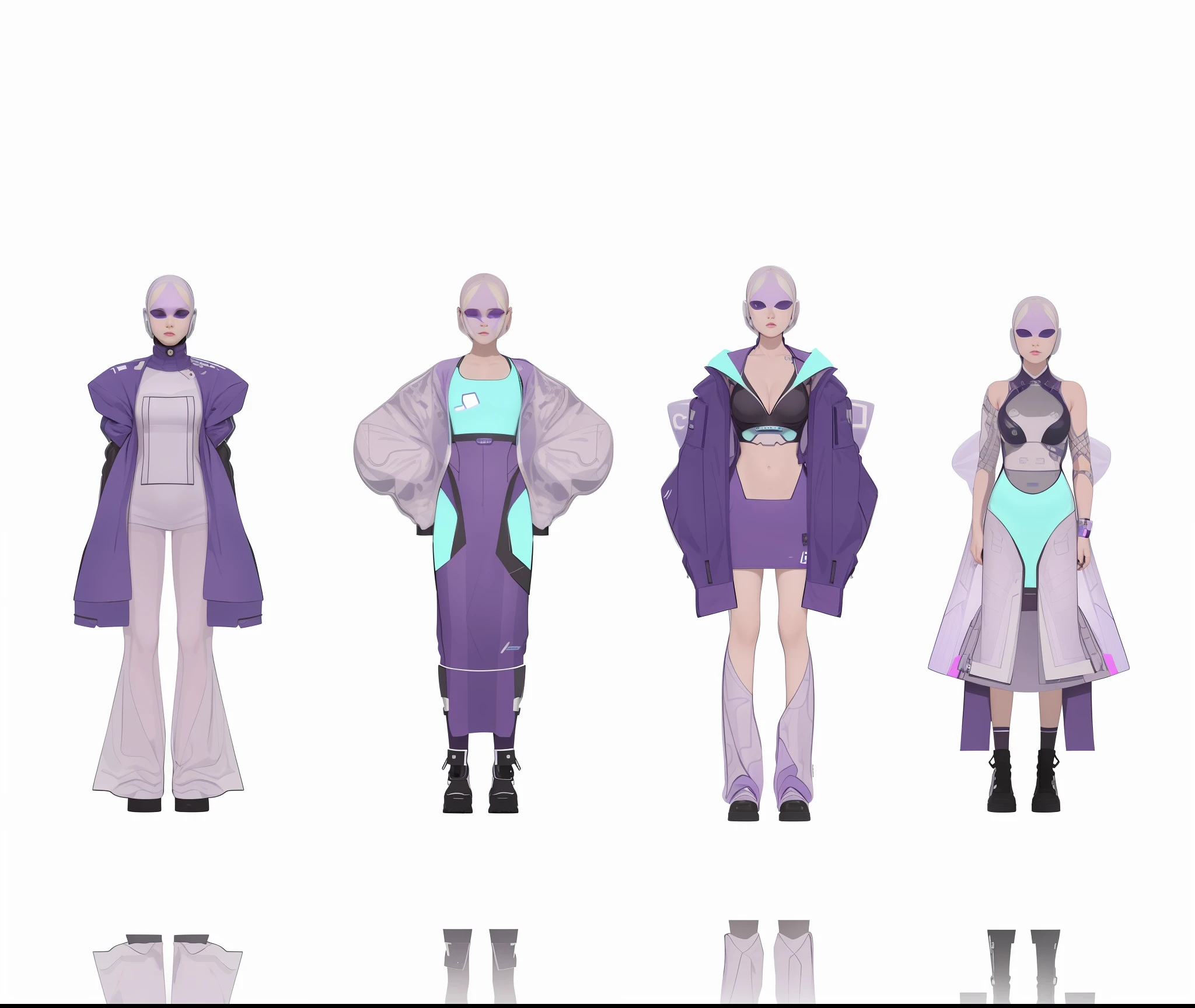 Several different views of a woman dressed in purple and blue, clothing design, Cypherpunk fashion illustration, futuristic outfit, clothing design, clothes from the future, fashion concept art, Futuristic clothing, clothing concept, biopunk futuristic wardrobe, wearing futuristic clothing, clothing design, wearing futuristic, futuristic fashion, Speculative fashion AI world themed clothing, --auto