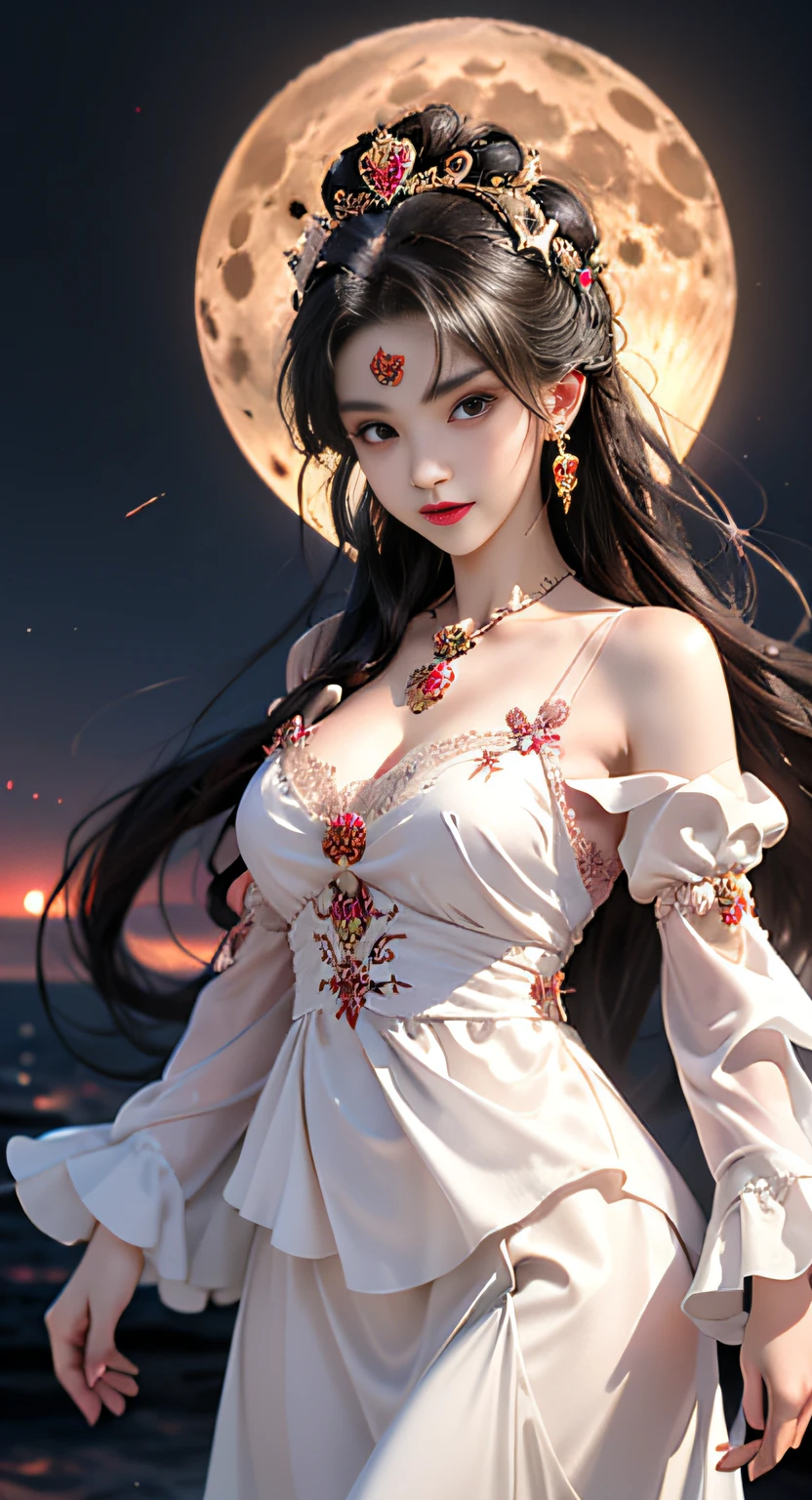 1 adult empress wearing a red lace top, deep-breasted nightgown, Chinese-style clothes, ancient costumes with many phoenix patterns, flawless pink and white face, crowned head, hip-length black hair , very beautiful and sharp brown eyes, small red lips, painted lips, closed mouth, jewelry worn around the neck, earrings, white and even teeth, high nose, big round breasts, the girl's body is covered with water on chest, long legs, thin mesh black socks, portrait, most realistic, highest quality, best pixels, 8k ultra , (clear super big moon background: 1.8)