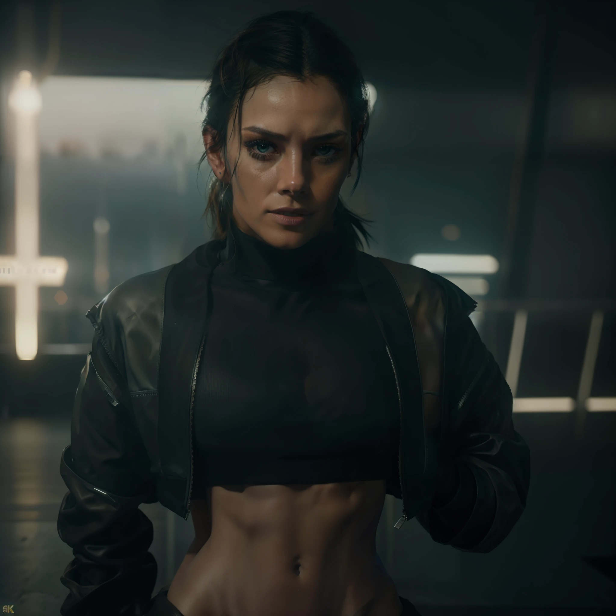 (8k, ARTISTIC photography, best quality, masterpiece: 1.2), RAW photo, a (potrait:1.2) of a woman ,Cyberpunk Character, wearing Green cropped bomber jacket (((Roxanne Perez WWE ))) (highly detailed skin:1.2), 8k uhd, dslr, soft lighting, high quality, film grain, Fujifilm XT3, staring at the camera in front, wild Black hair, ((dynamic pose))) over-detailed face, beautiful body, toned body, edge runner jacket, 8k uhd, SLR camera, soft lighting, high quality, film grain, Arri Alexa mini , Cinematic lighting, octane render, cinematic lighting, complex, 8k resolution concept art portrait, edgerunner, blade runner, Cyberpunk 2077, hyperrealistic, photo awesome, gritty, realistic, (((pure 8K))), (((perfect anatomy))), extremely high-quality graphics, Riddley Scott, Blade Runner, Denis Villeneuve, (((cinematic lighting))), ((clear details)), complex, highly detailed background, posing, on a high way with a futuristic city, midday sunlight.