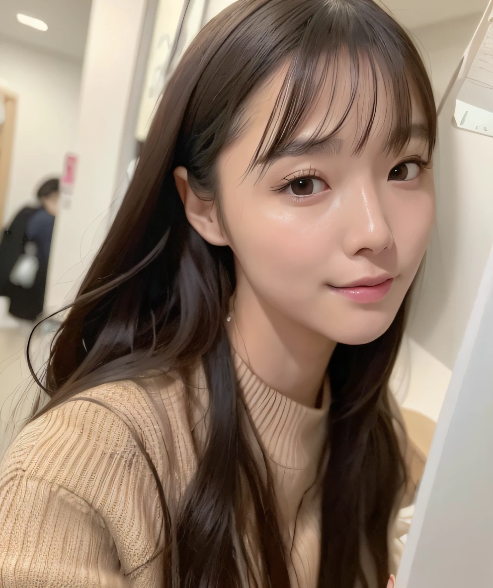 a close up of a woman with long hair wearing a sweater, with cute - fine - face, xintong chen, 8k selfie photograph, cute korean actress, young lovely Korean faces, wenfei ye, ulzzangs, wan adorable korean face, She has black hair,By bangs, young cute wan asian face, girl cute-fine face