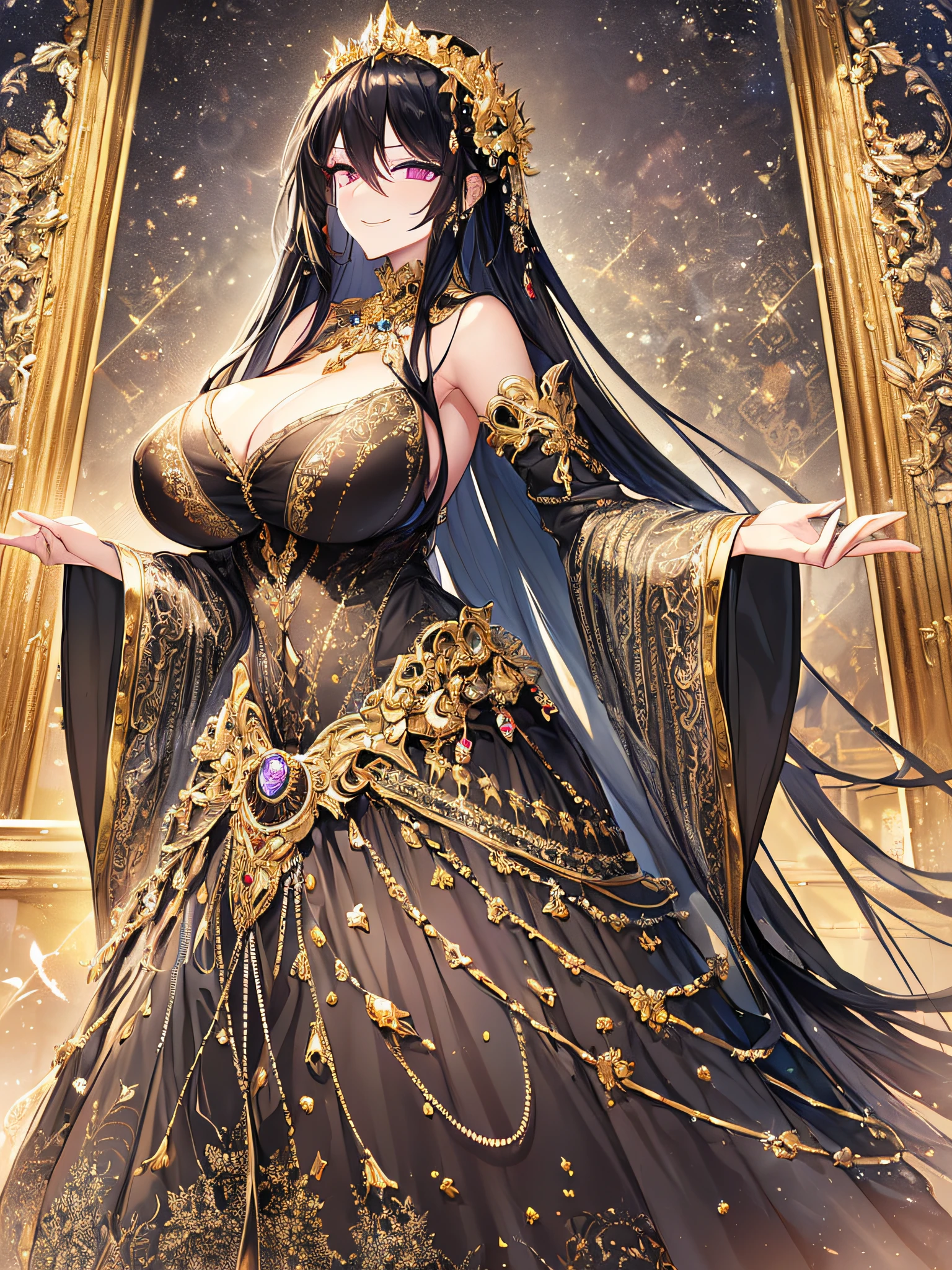 ((anime artstyle)),(Masterpiece),(Best Quality), (Super Detail),((Very Delicate and Beautiful)),Focus on character,Dynamic Angle,Looking at viewer,((Solo)),standing,((full body)),((one arrogant queen in gorgeous embroidery black and gold gorgeousfull BlingBling ball gown with voluminous skirt)),((BlingBling)),((arrogant)),((haughty smile)),(Purple eyes),Sharp eyes,detailed face and eyes,jewel-like eyes,(((Very Long voluminous black Hair))),Straight Hair,((Bangs between eyes)),((gorgeousfull embroidery and lace)),gorgeous corsage,See-through,Gorgeous jewelry ornaments,gorgeousfull BlingBling hair ornament,(gorgeousfull BlingBling tiara with jewels),ornate ruffles,curvy,skindentation,((gigantic breasts,Long breasts)),((full body)),(hoop skirt,crinoline),(((gorgeous embroidery and jeweled black and gold BlingBling gorgeousfull ball gown with voluminous skirt)))