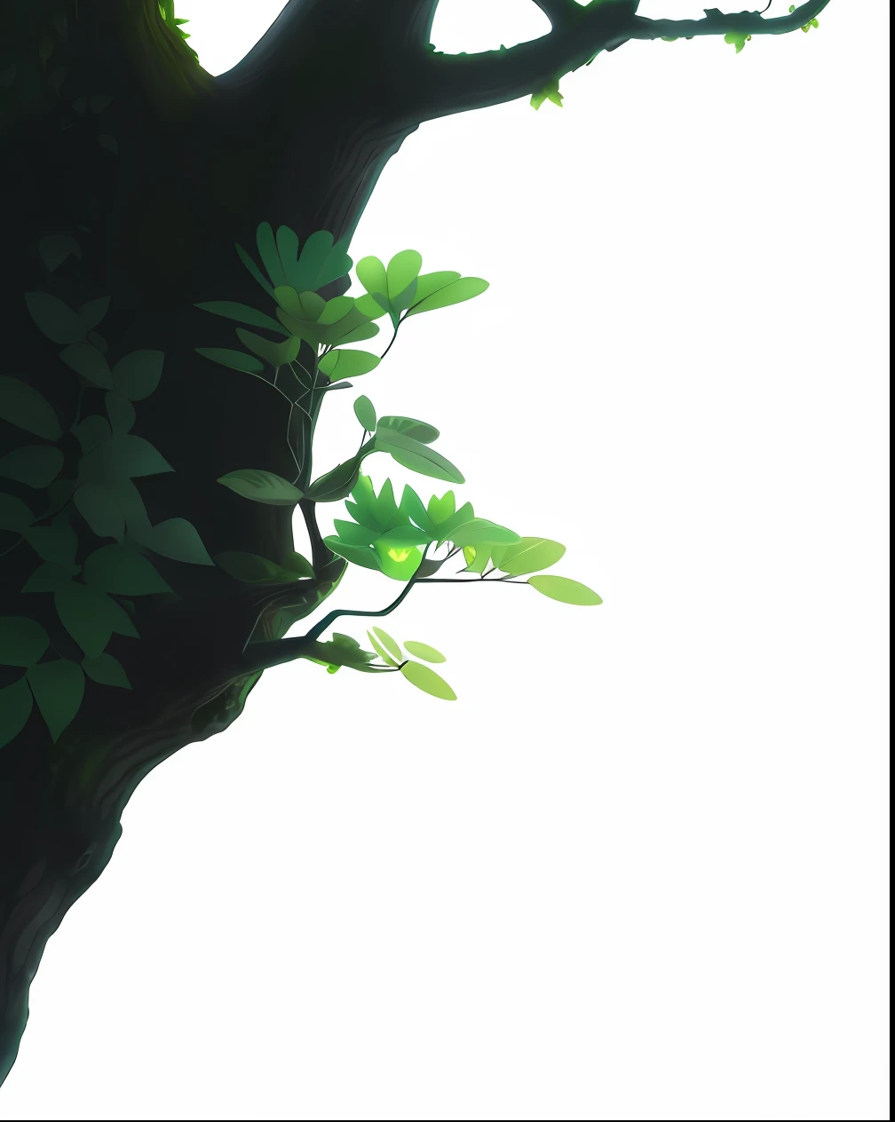 Foliage, stylized vegetation, Glowing spores fly, bioluminescent plants, Glowing plants, lush plant growth, Glowing plants, treant, Bioluminescent forest floor, Glowing moss, Noto Fagus, Glowing Leaves, ent treant dryad, woody foliage