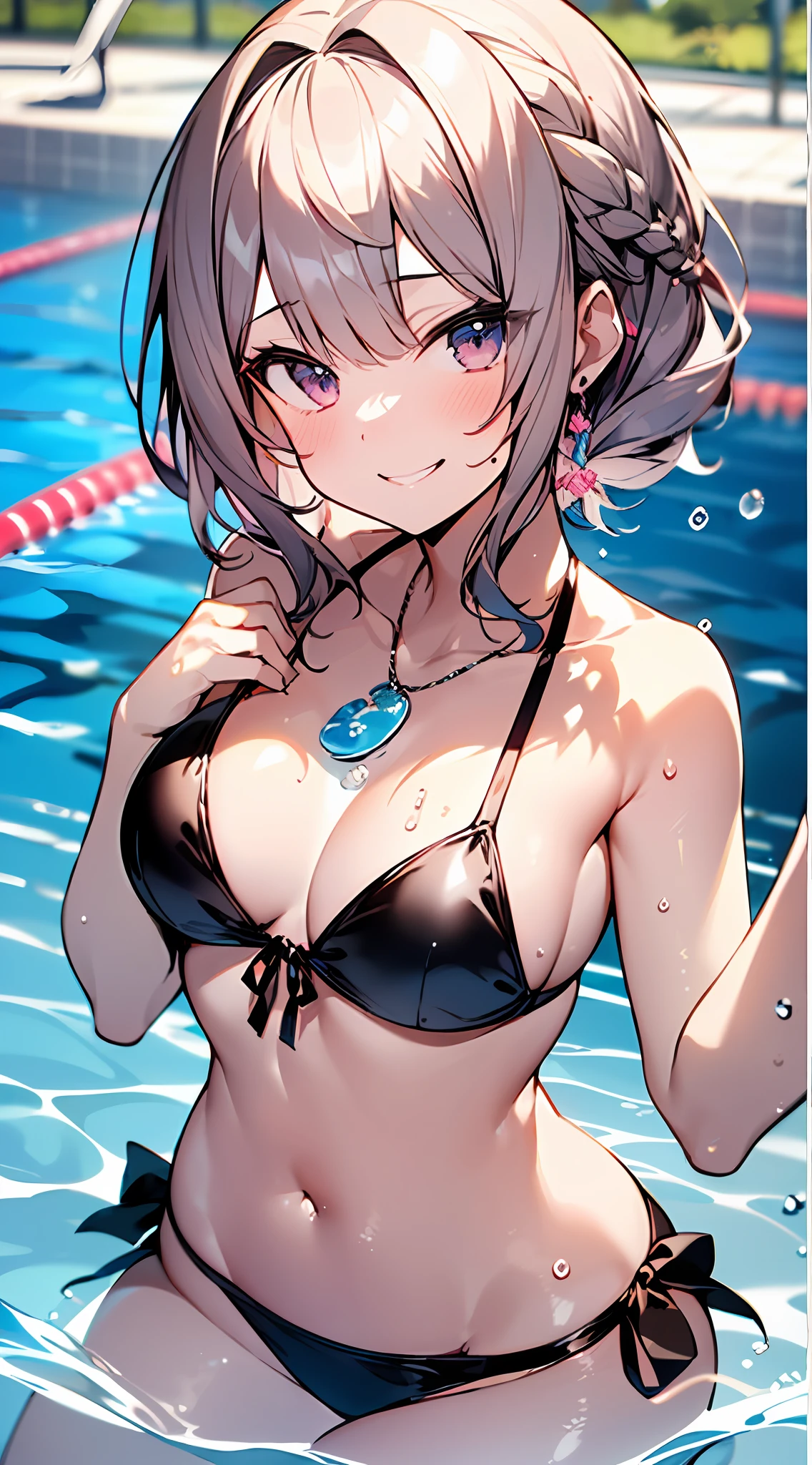 (Incredibly ridiculous absolute resolution:1.5)、hiquality、top-quality、masuter piece、Anime girl in pink and white bikini, 魅惑的、Anime , 8k Manga Wallpapers, Smile、Shy laughter、((small curvy loliarge full breasts、pretty anime girl,((swimming pools))、(Medium Shorthair)、(short braided hair)