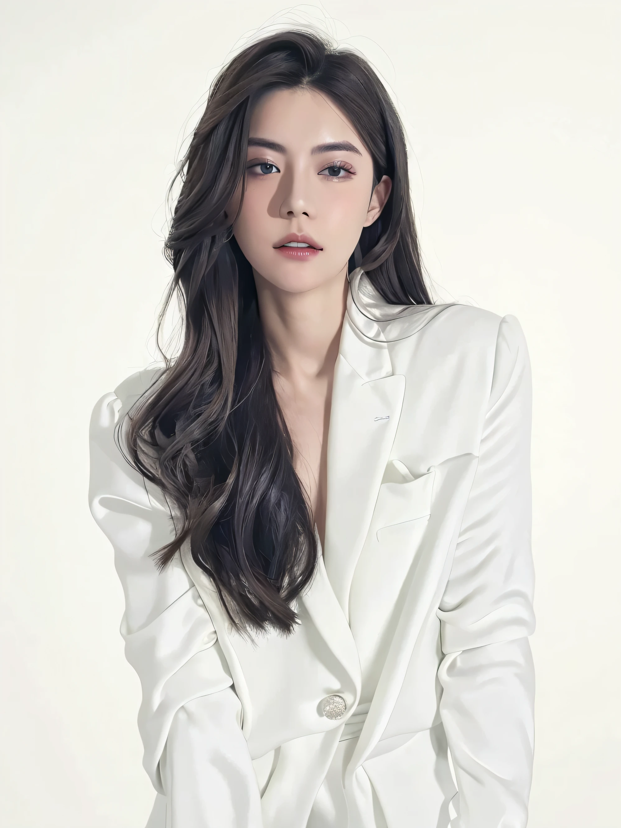 Woman in white dress,white skinned,Beautiful neckline,Black color hair,Smooth neck line,with fair skin,Beautiful and generous