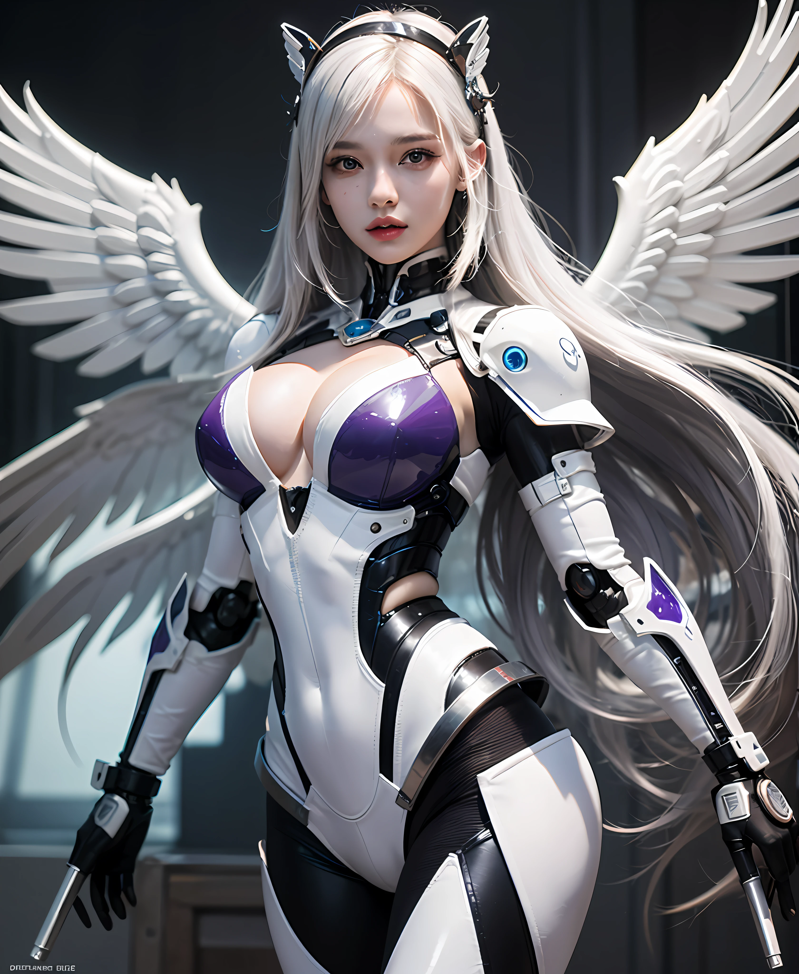 white  hair、long fluttering hair、strong breeze、a purple eye、radiant eyes、Mechanical Angel、Big metal wings、Steampunk Girl、Colossal tits、The face and chest are alive、Cleavage is visible。photoRealstic、portfolio、White Latex Suit、White porcelain body、Evangelion-style metal mecha suit、Combat cyborg、Sumerian details、metalic、detailed mechanical components、Bundle of thin tubes、Metal cylinder、Detailed neon、Fine LED、Fine parts、cowboy  shot、character edge light、