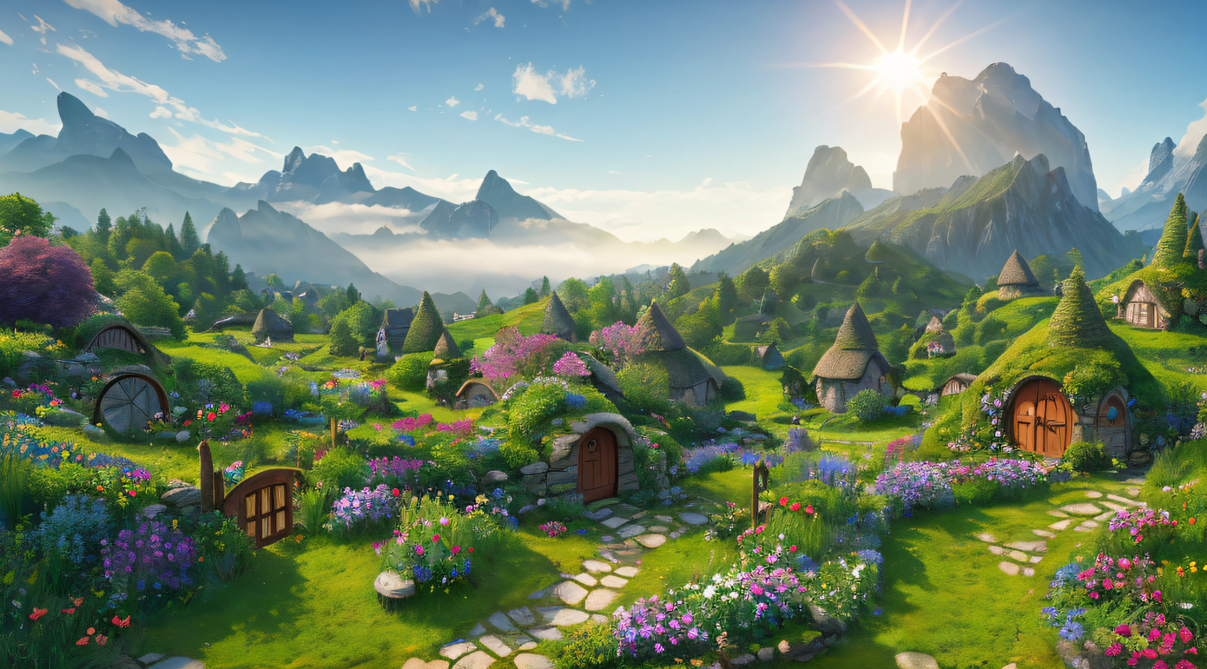 Landscape hobbit village, house with round windows and doors, small garden with small flowers, fantastic spring elf forest, flowers, sun, mountains in the mist in the background. High Quality, Hobbit Movies, Lord of the Rings Movies, Lord of the Rings Movies CG Unity 8k cg Unity 8k