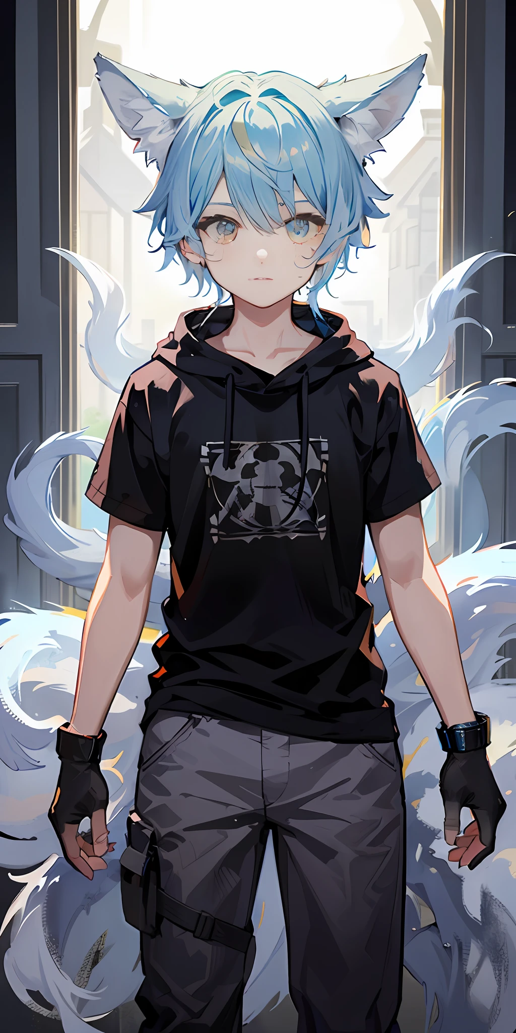 1boy，Shota，(high-definition quality，Masterpiece level)，Fresh and cold boy character，Wolf ears、Wolf Tail highlights the sense of belonging to the character，Heterochromatic eyes and the color of light blue hair echo each other，with clean lines，Show the modesty and confidence of the character，tmasterpiece, lightblue hair, Heterochromic eyes,(Wolf ears),(Wolf tail)，One tail，A young boy with，Lean body type，Dull hair，Brown pick dye，with fair skin，sporty attire