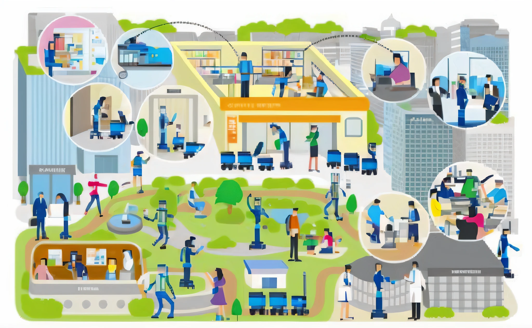 A group of people work in a city with many different jobs, A illustration, Infographic with illustrations, author：Tessei Tomioka, near future 2 0 3 0, illustration!, an illustration of, illustration], Detailed illustration, illustration detailed, Simple illustration, author：Masao Maeda, Graphic illustration, author：Yasutomo Oka, illustration, professional illustrations