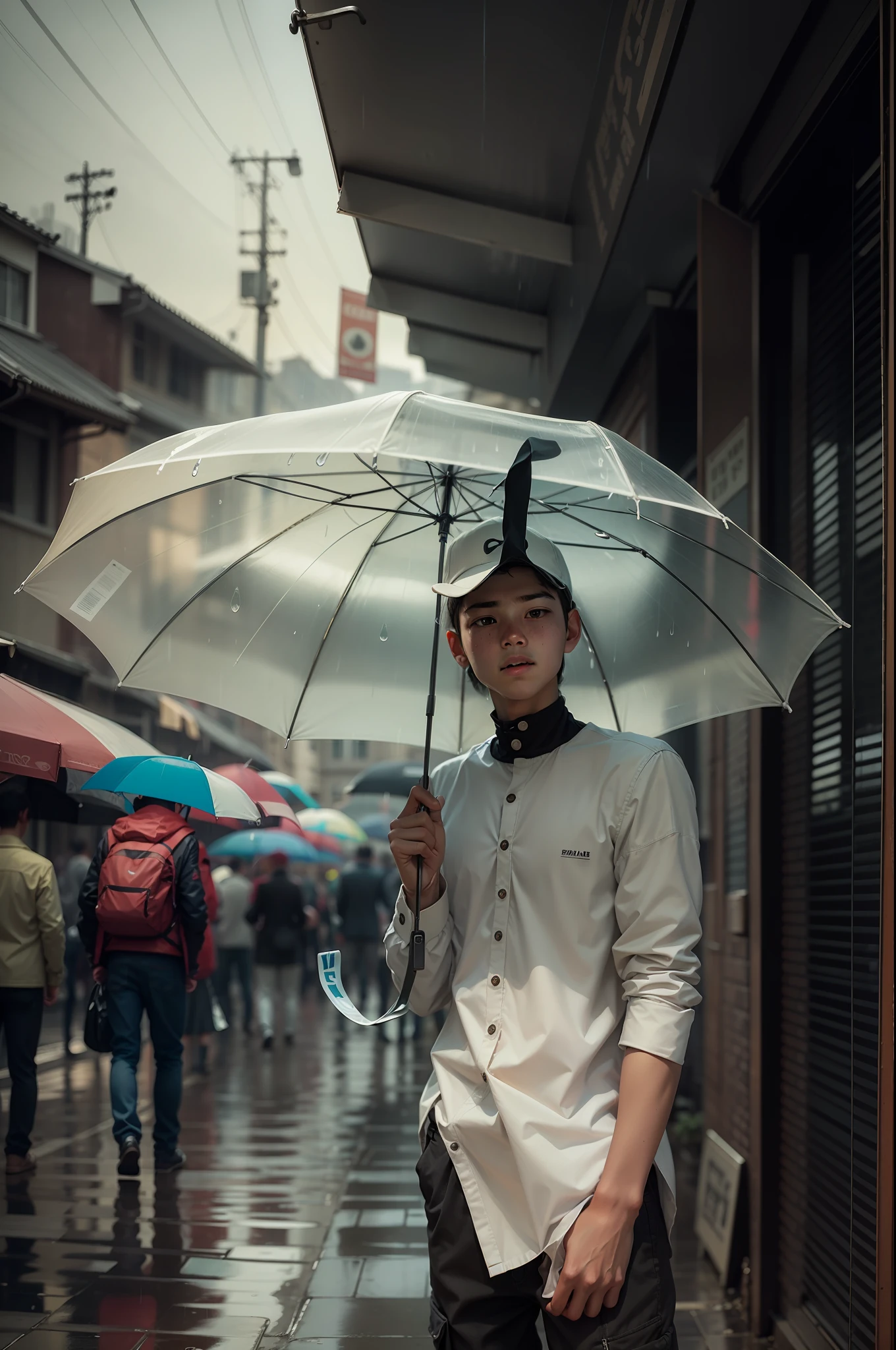 This boy standing in rain