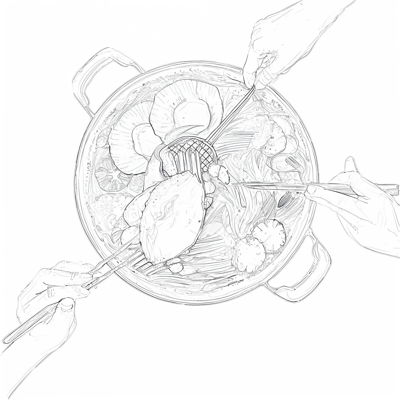 someone is holding a fork and a knife over a plate of food, boiling imagination in a bowl, intense line art, dissection sketch, black and white illustration, detailed digital drawing, digital drawing, illustration black outlining, by Andrei Kolkoutine, intense black line art, boiling, by Adam Marczyński, detailed digital illustration, fine line art