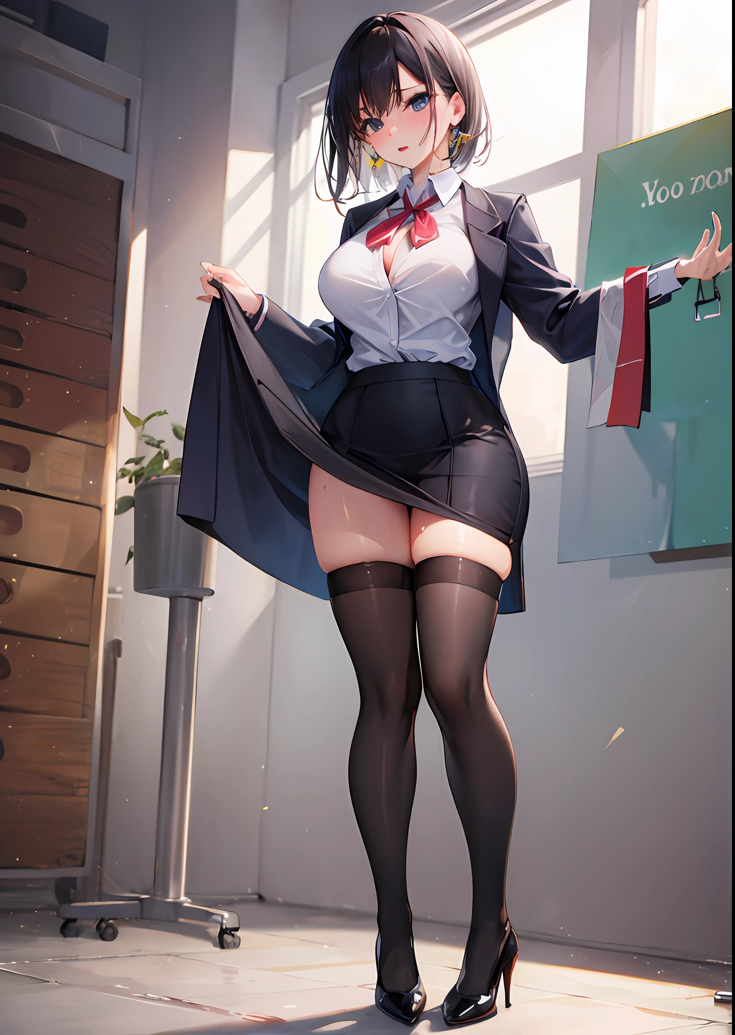 full body photo of a beautiful sexy secretary wearing extremely short skirt and seamed stockings, standing exactly, ((Solo)), Adult, In the office, High heels, desire big breasts, Sweaty