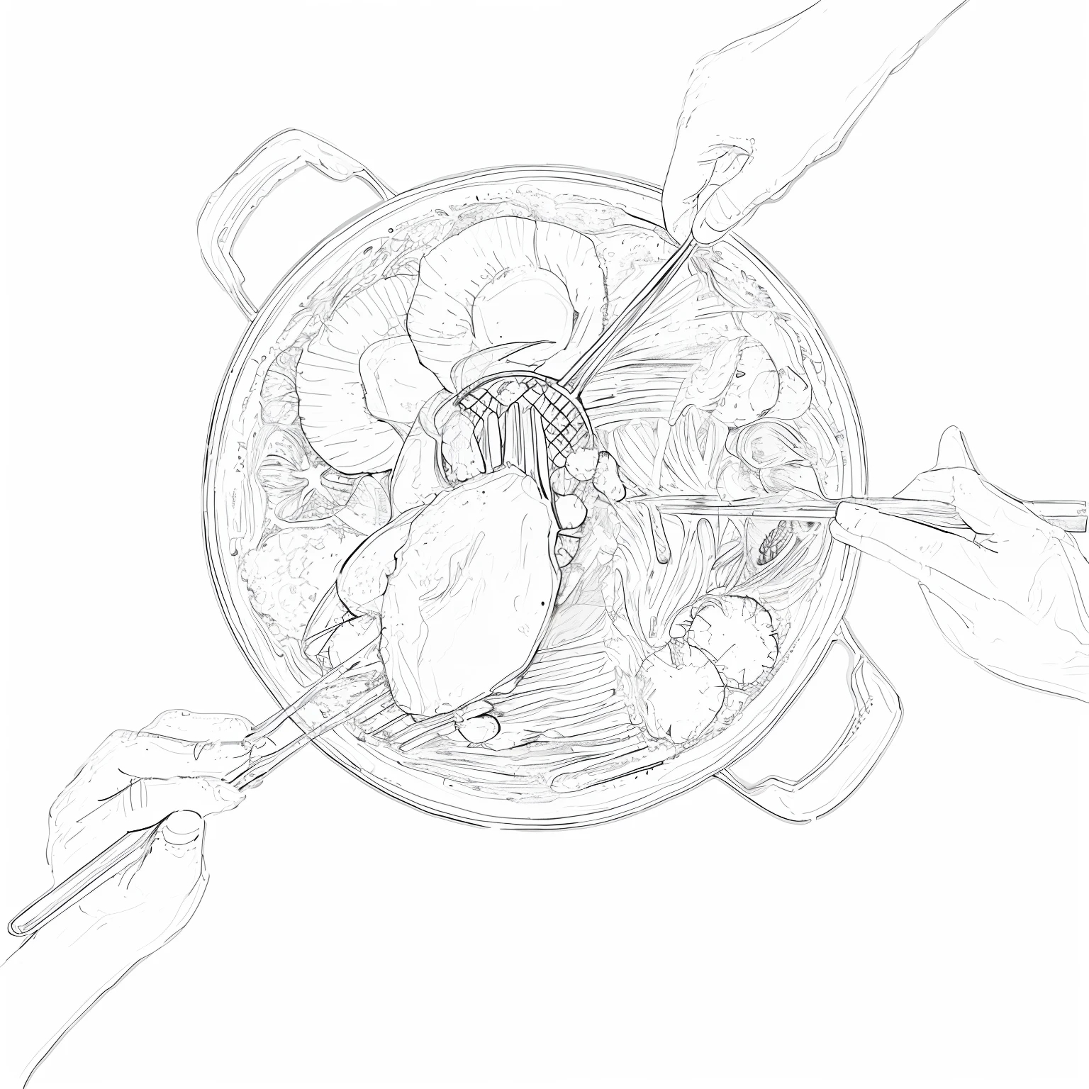 someone is holding a fork and a knife over a plate of food, boiling imagination in a bowl, intense line art, dissection sketch, black and white illustration, detailed digital drawing, digital drawing, illustration black outlining, by Andrei Kolkoutine, intense black line art, boiling, by Adam Marczyński, detailed digital illustration, fine line art