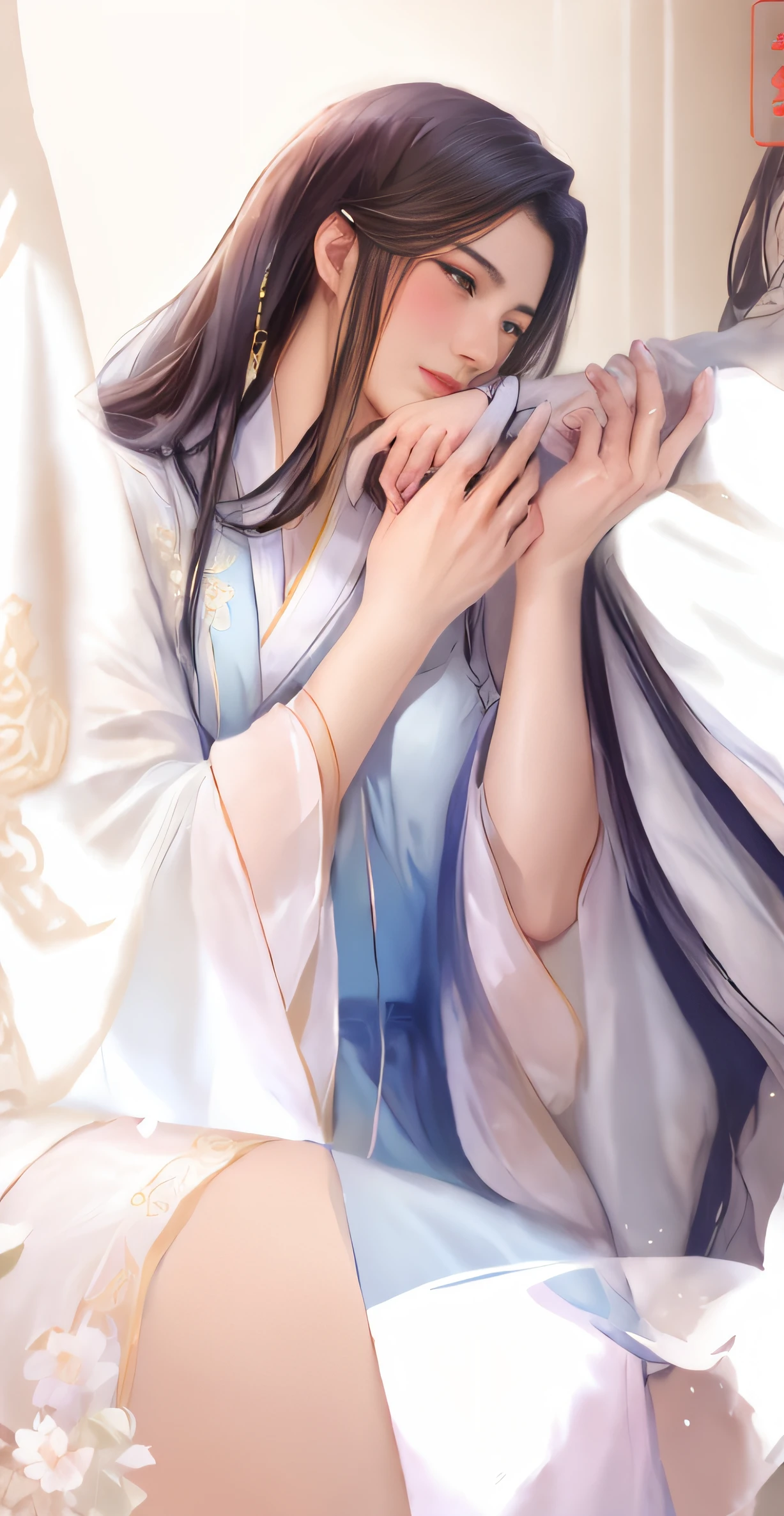 Princess hug, Chinese style, Ancient style, Handsome guys, Beautiful man, Meticulous brushstrokes, Affectionately look at women's masterpieces,Anime couple in traditional costumes,Long hair and blue dress, flowing hair and long robes, in the art style of bowater, Inspired by Seki Dosheng, xianxia fantasy, full-body wuxia, inspired by Ma Yuanyu, Guviz-style artwork, Wuxia, by Yang J, boy girl traditional romance