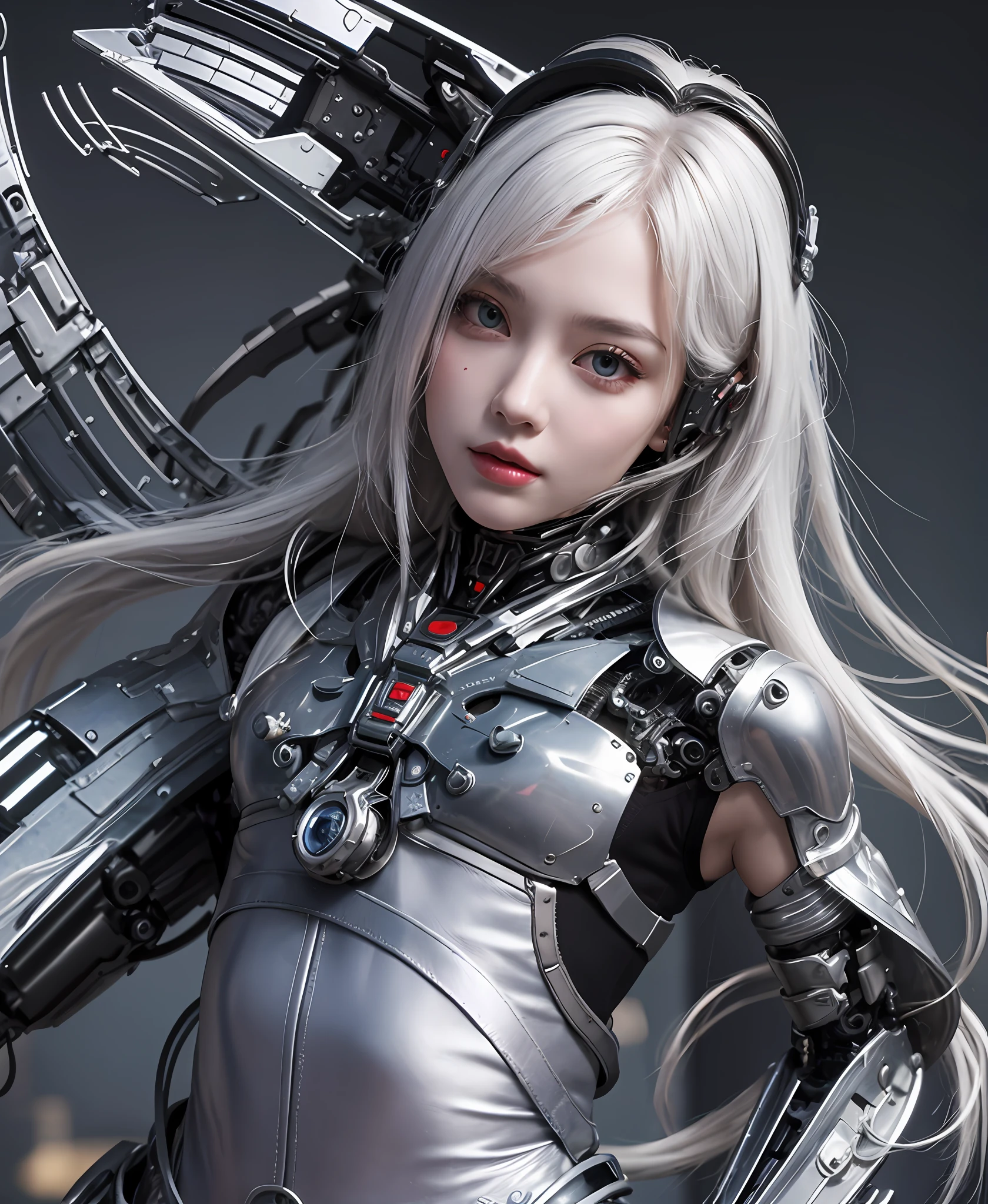 white hair、long fluttering hair、strong breeze、a purple eye、radiant eyes、Mechanical Angel、large metal wings、Steampunk Girl、Colossal tits、The face and chest are alive、Cleavage is visible。photoRealstic、portfolio、White Latex Suit、White porcelain body、Evangelion-style metal mecha suit、Combat cyborg、Sumerian details、metalic、detailed mechanical components、Bundle of thin tubes、Metal cylinder、Detailed neon、Fine LED、Fine parts、cowboy shot、character edge light、