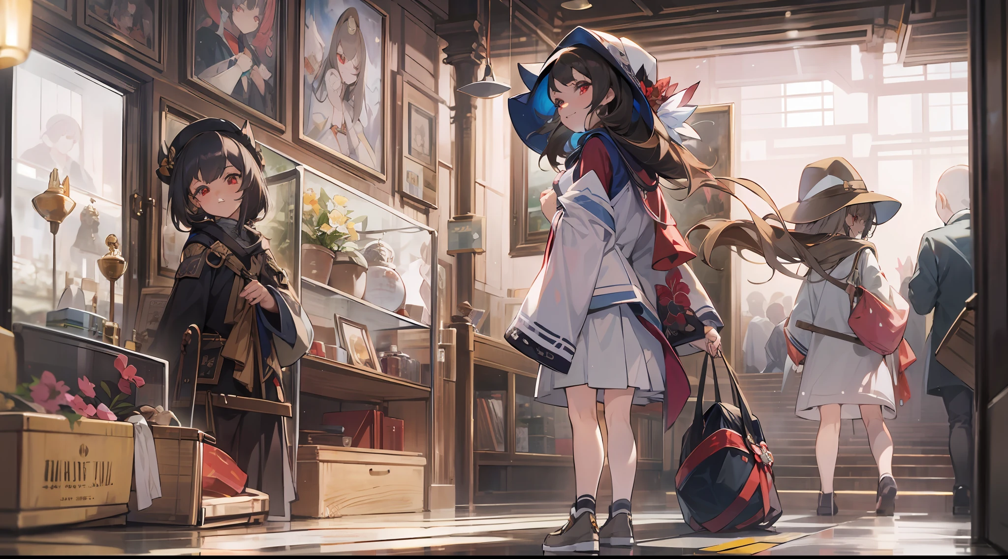 （（（tmasterpiece）））， 4K 分辨率， highly  detailed， （（（Very detailed eyes）））， detailedbackground， cinmatic lighting， crystal shining eyes， 1girll， high high quality， A high resolution， Hyper-detailing， 8K， best qualtiy， 1girll， 独奏， shadowing， The light from the back window is backlighted， light particules， Thick lashes， Wide sleeves，（tmasterpiece：1.3）， （best qualtiy：1.2）， （super fine illustrations：1.2）， （tmasterpiece）， high high quality， high detal， （独奏：1.4），（Circular image）），[（cyber punk perssonage：1）：5]， looki at viewer， {Hand hidden}， {{{Hands in pockets}}}， {{The hand is in the sleeve}}， full bodyesbian， hair adornments， from the above，bucket-hat， Flowers on hats，brown  hair， double tails， red eyes， flower shaped pupils， evil grin smile，little breast，