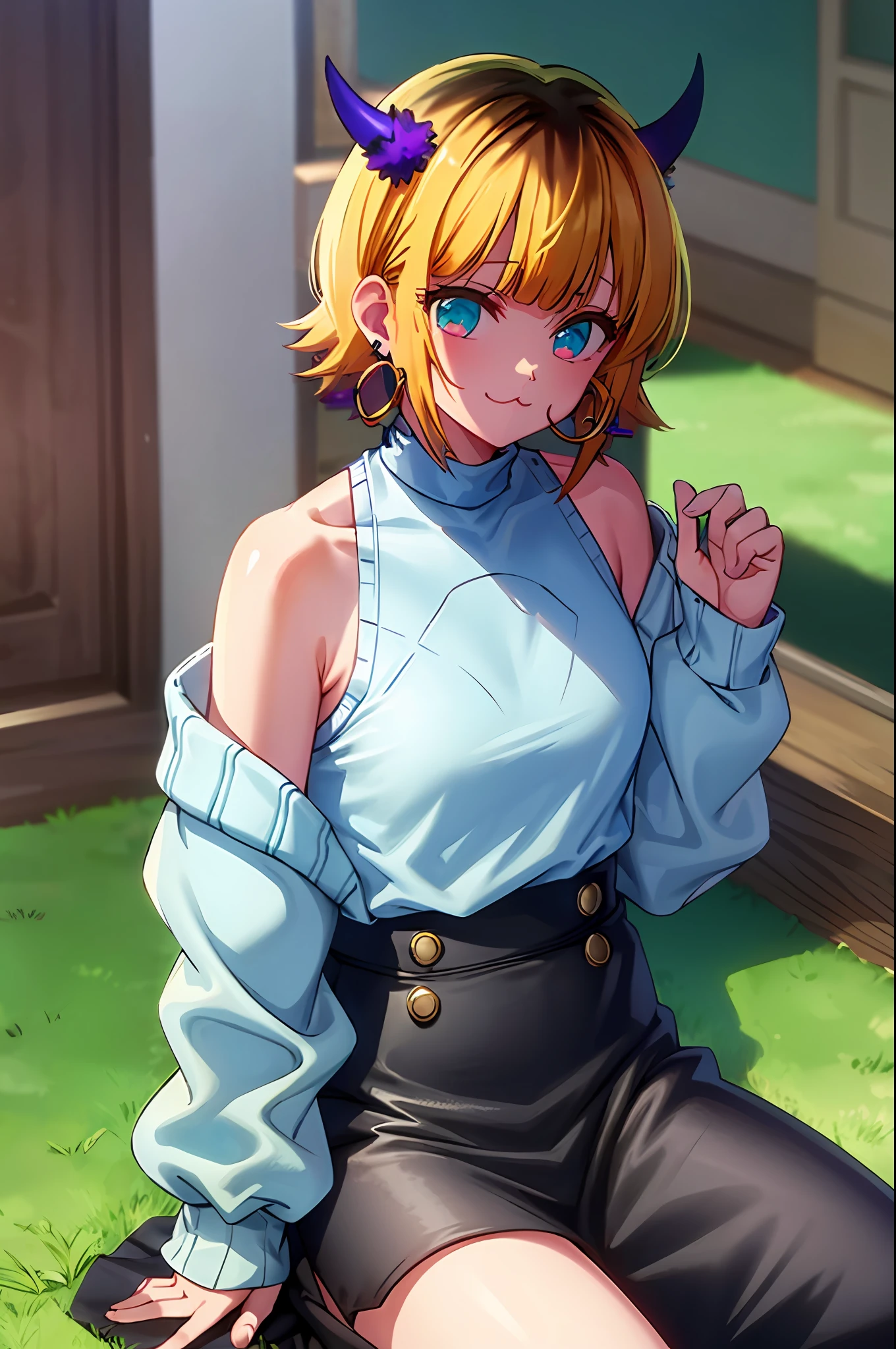 masterpiece, hightquality, Hi-Res, memcho, Indoors, cowboy shot, Black skirt, The shirt, off shoulders, off-the-shoulder sweater, (Light blue sweater:1.2), (small horn), (:3:1.2), sleeveless shirts, High Neck Sleeveless Shirt, Black shirt, Sweaters, Sweater sleeve wrist too much, sitting on, hoop earrings,