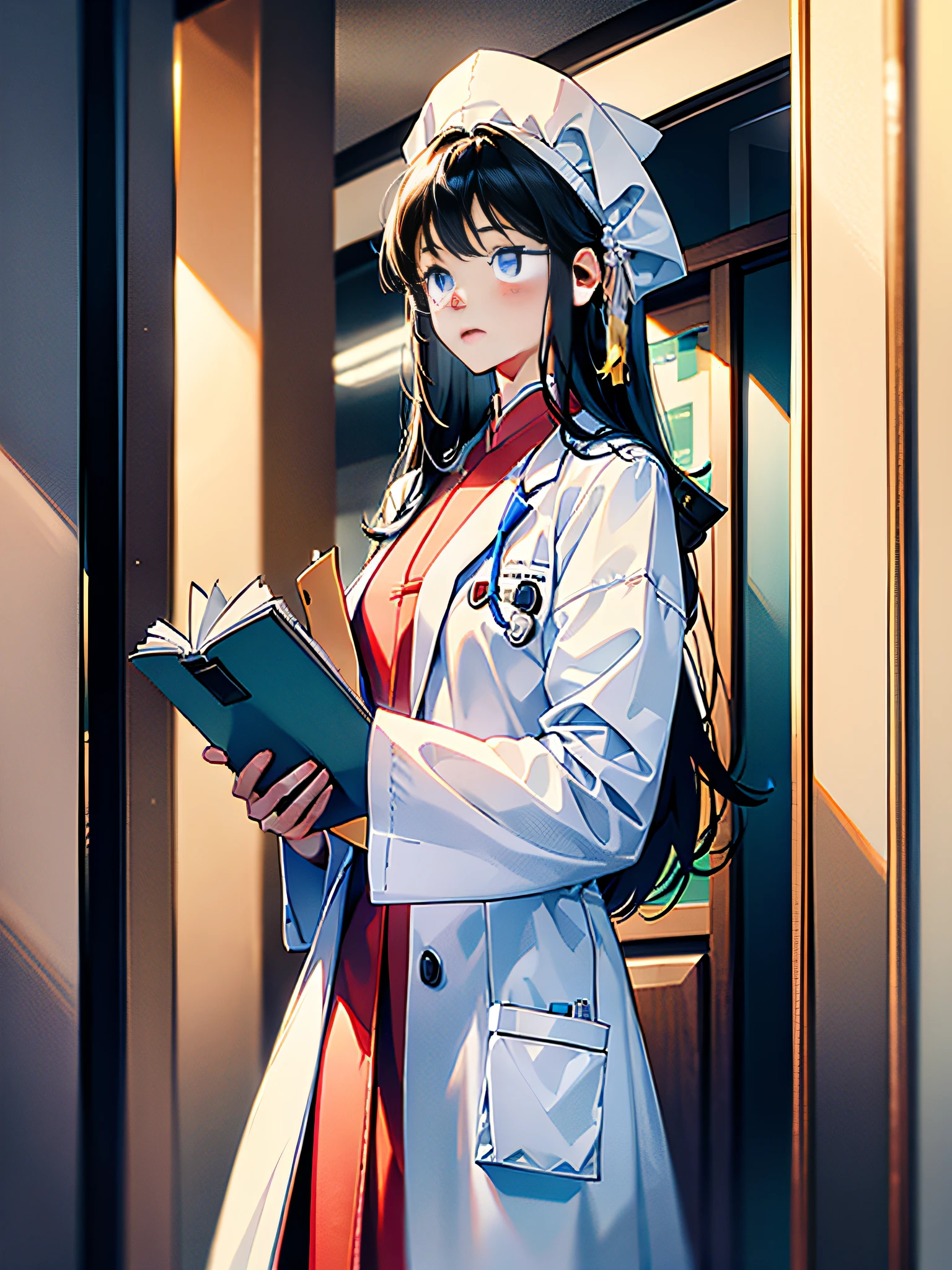 （8K，A high resolution），（（（（best qualtiy，超A high resolution））），（softlighting），（Ultra-fine up，finedetail），(Young girls)，is a graduating medical student，Gentle personality，observant，He has medium-long black hair，is a Chinese，detailedfacialfeatures，detail eye pupil，detailed hairs，perfect hand，The background is the corridor of the hospital，Wear a doctor's outfit，Hang a stethoscope，Case report in hand，Have a strong sense of responsibility，A  High Bridge of nose，White face