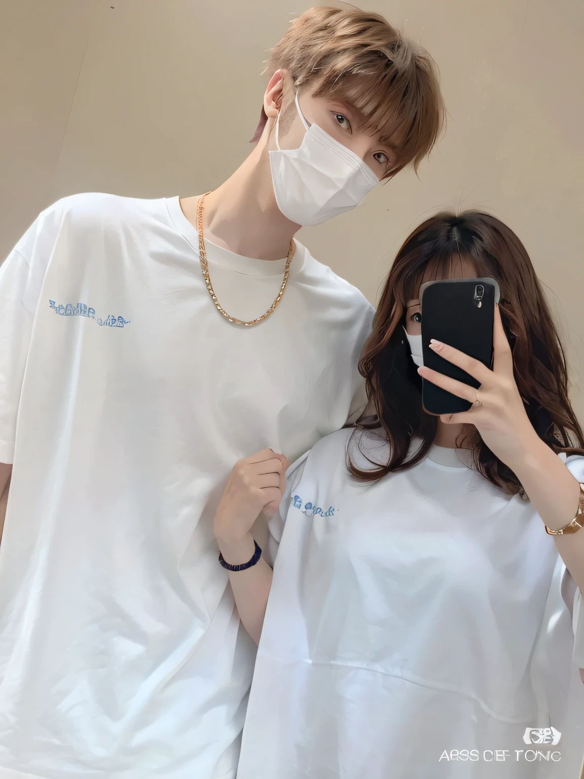 Alawis wearing masks take a selfie, 2 0 2 0 fashion, couple, trending on r/Street attire, 2 people, y 2 k, Y2K, ulzzangs, p. j. n, dressed in a white t-shirt, from 8 k matte, cute couple, 8k --height 768, wearing a tshirt