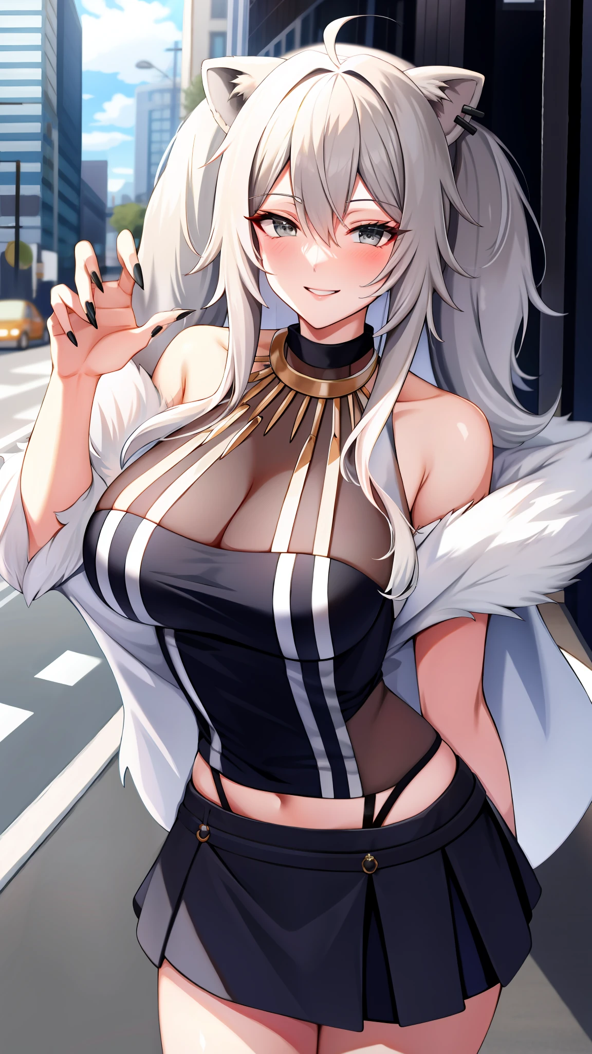 absurdres, highres, best quality,  Botan, black top, fur-trim, oionlion ears, messy hair, skirt, messy hair, grey eyes, grey hair, long hair, black nails, sharp nails, dynamic pose, sexy pose, seductively smile, blush, hands behind back, city road, on the road,