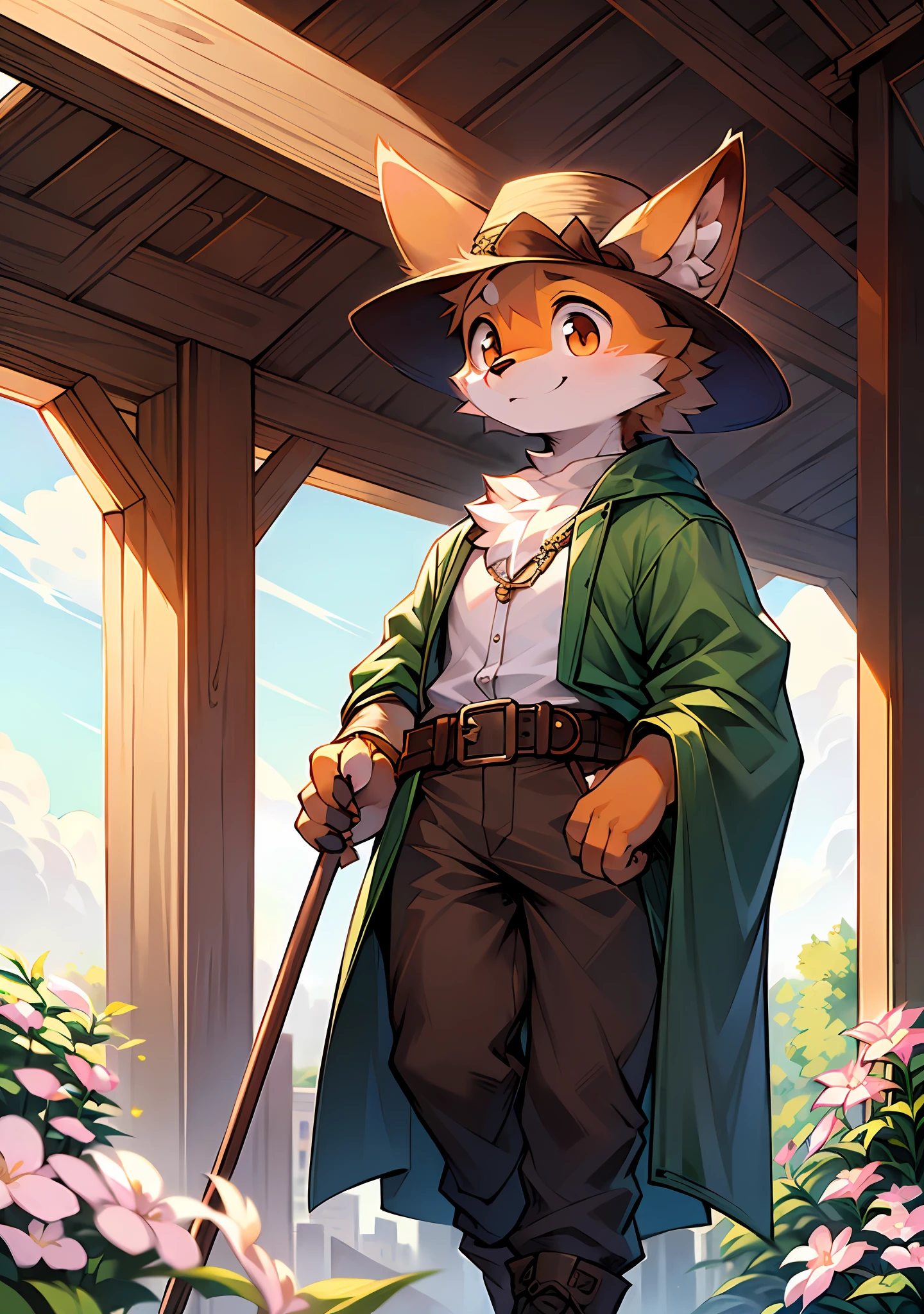 charming expression. His hands have soft, orange fur on the back and light brown pads on the palms with short, blunt claws that are perfect for gripping his cane. He is standing on a lush green hill with a clear blue sky in the background, and there are small wildflowers scattered around him. His shepherd's outfit consists of a light brown tunic, brown pants, and brown boots. He has a brown belt around his waist that holds his cane and a small pouch for his belongings. As he stands on the hill, he looks out into the distance, lost in thought, with a gentle smile on his face. The warm soft lighting gives him a gentle and tranquil appearance, and the Stable Diffusion AI captures every detail, from the softness of his fur to the intricate details of his outfit. (fluffy_litte_fox_tail,standing on a hill, overlooking a valley, detailed_fluffy_fur(body_fur),oil_skin,(skin_with_fluffy_fur),(animal_nose),animal_ear_fluff,fluffy_paws,pawpads,animal_hand,flowers, ((cute, innocent, detailed face, big round eyes)), warm soft lighting, 8k, SFW, spring, serene, hires, dressed in a shepherd's outfit with a straw hat and a cane, standing with one leg crossed over the other, looking at something in the distance, while holding the cane with one hand and the hat with the other, as if lost in thought