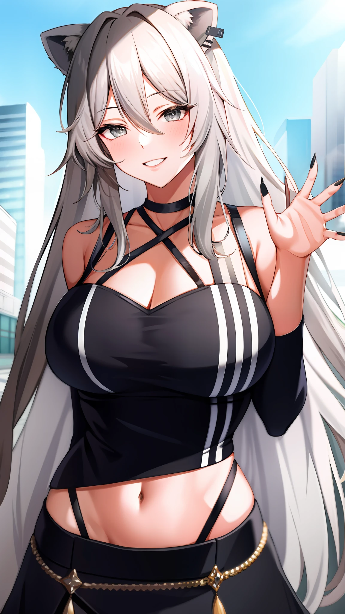 absurdres, highres, best quality,  Botan, black top, fur-trim, oionlion ears, messy hair, skirt, messy hair, grey eyes, grey hair, long hair, black nails, sharp nails, dynamic pose, sexy pose, seductively smile, blush, hands behind back, city road, on the road,