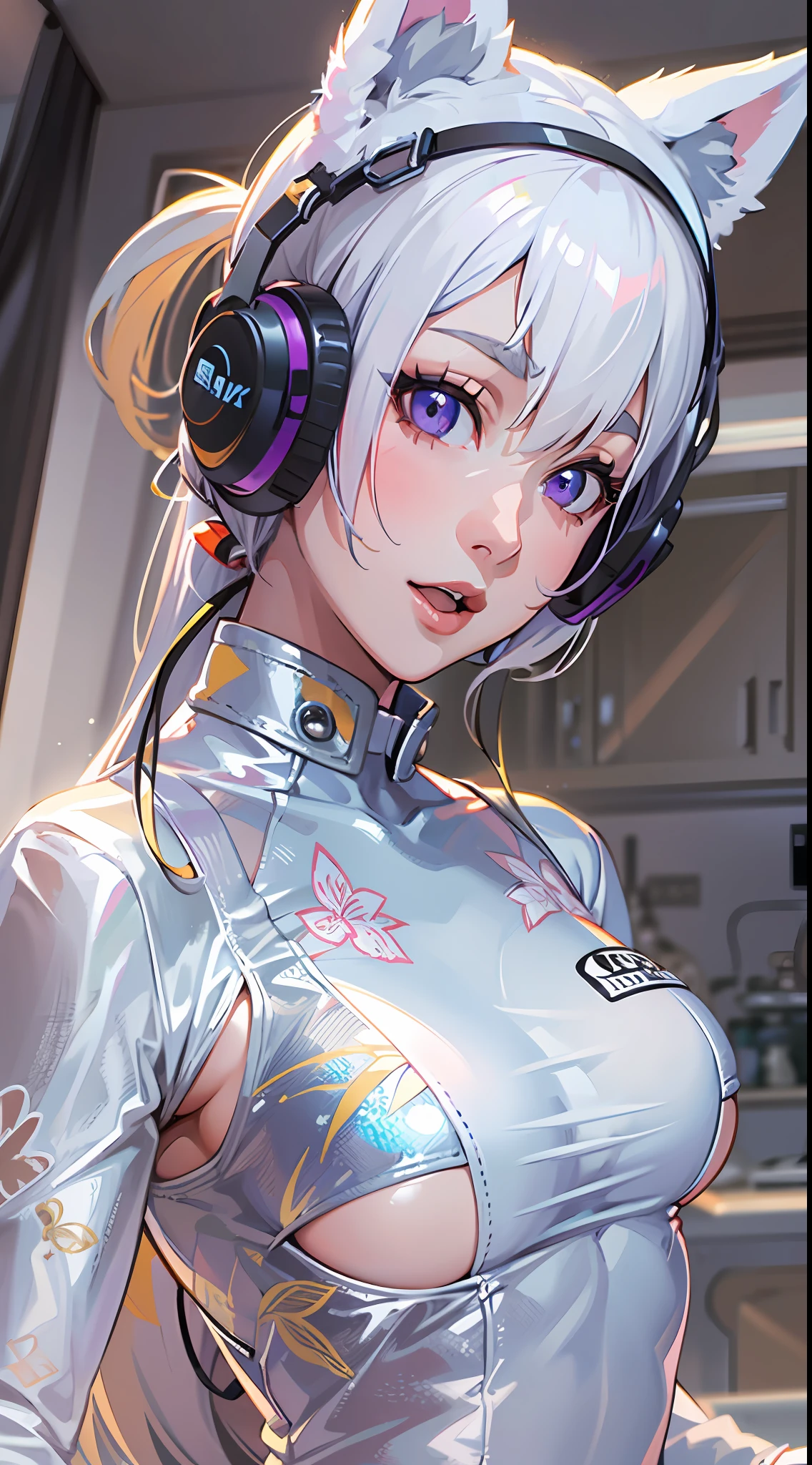 ((Masterpiece)), best quality, absurderes, ultra detailed, holographic, cowboy shot, dynamic pose, golden ratio, super cute girl, mature girl, extremely beautiful, super beautiful asian girl with super beautiful violet eyes, super beautiful white hair, shiny skin, high ponytail, nice and sexy body, slim and delicate body, perfect body, wearing a super tight printed white crop top, kawaii panties, fox headset, being photographed in a kawaii alien spaceship