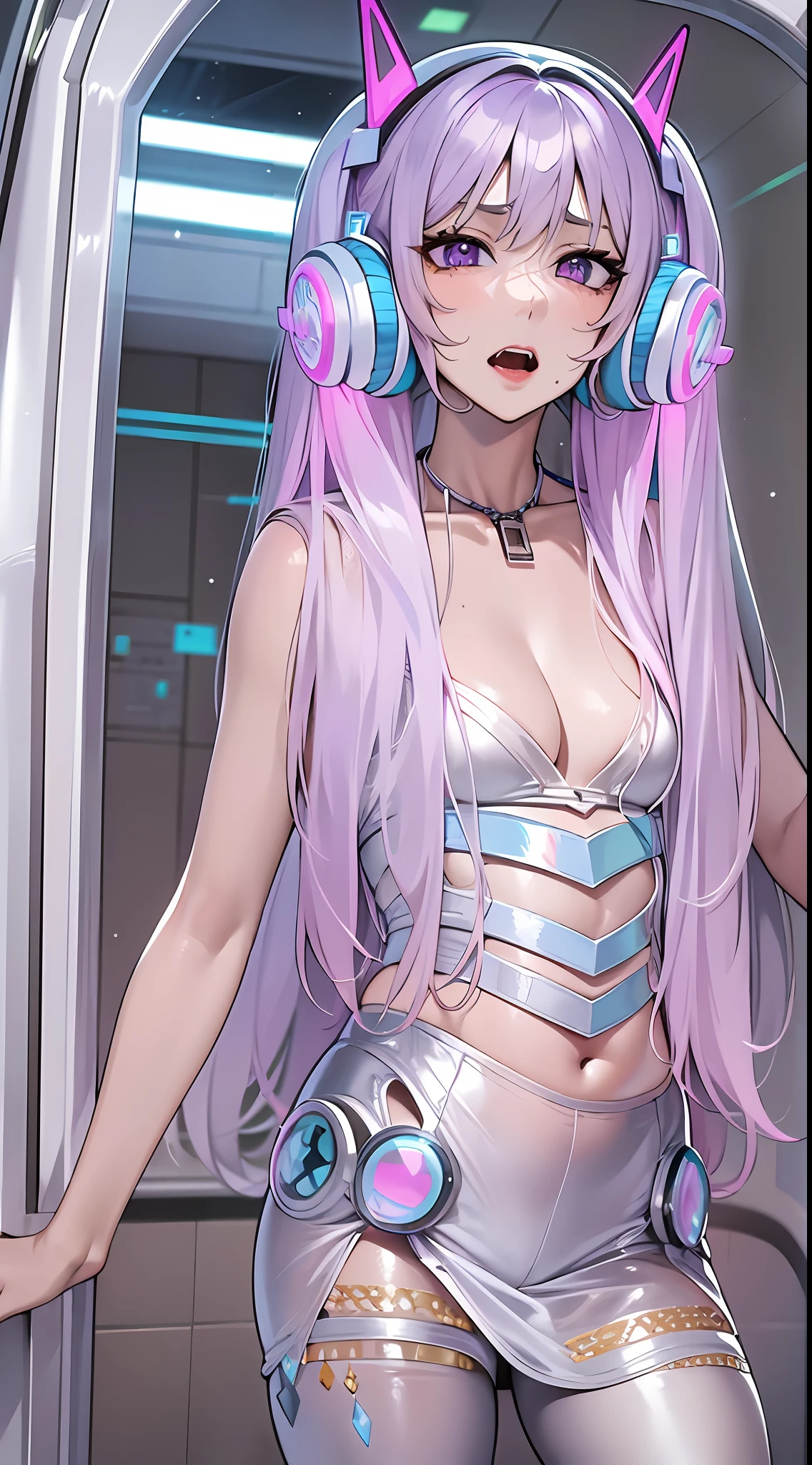 ((Masterpiece)), best quality, absurderes, ultra detailed, holographic, cowboy shot, dynamic pose, golden ratio, super cute girl, mature girl, extremely beautiful, super beautiful asian girl with super beautiful violet eyes, super beautiful white hair, shiny skin, high ponytail, nice and sexy body, slim and delicate body, perfect body, wearing a super tight printed white crop top, kawaii panties, fox headset, being photographed in a kawaii alien spaceship
