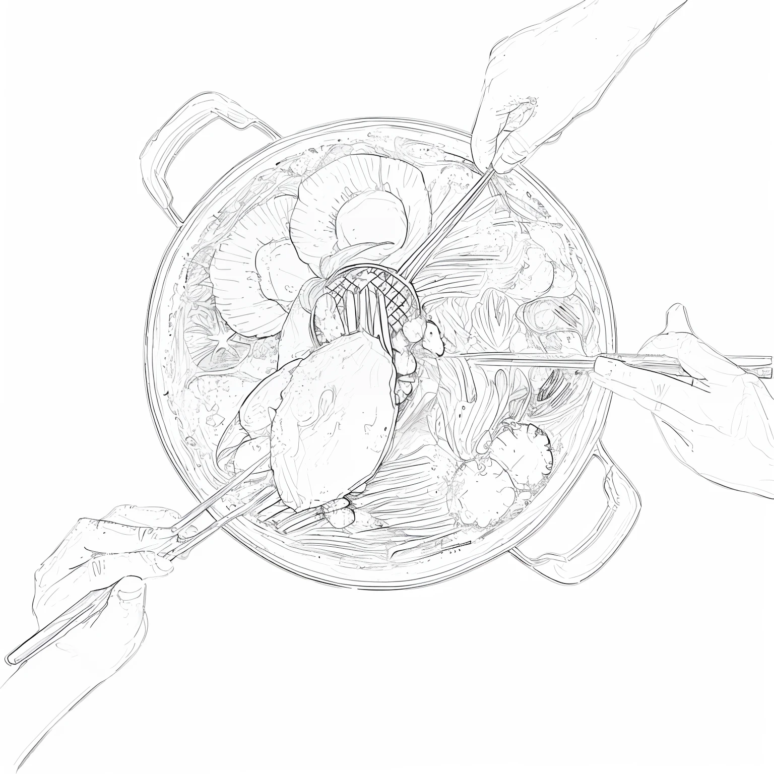 someone is holding a fork and a knife over a plate of food, boiling imagination in a bowl, intense line art, dissection sketch, black and white illustration, detailed digital drawing, digital drawing, illustration black outlining, by Andrei Kolkoutine, intense black line art, boiling, by Adam Marczyński, detailed digital illustration, fine line art