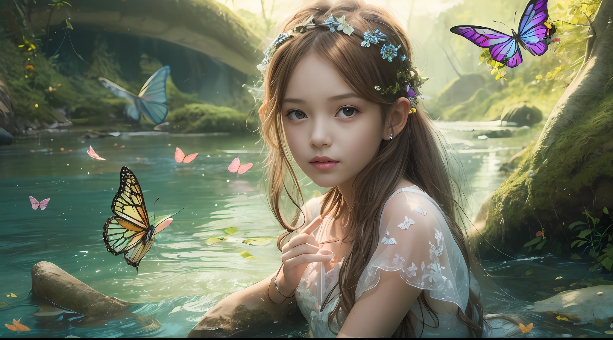 A smiling in a swimsuit looks into camera,Sit on a rock by a clear river and play in the water,Surrounded by butterflies, ethereal fairytale, a stunning young ethereal figure, Incredibly ethereal, ellie bamber fairy, Ethereal beauty, faeries, fairy aesthetics, Ethereal fantasy,Avatar mountain background in the distance。