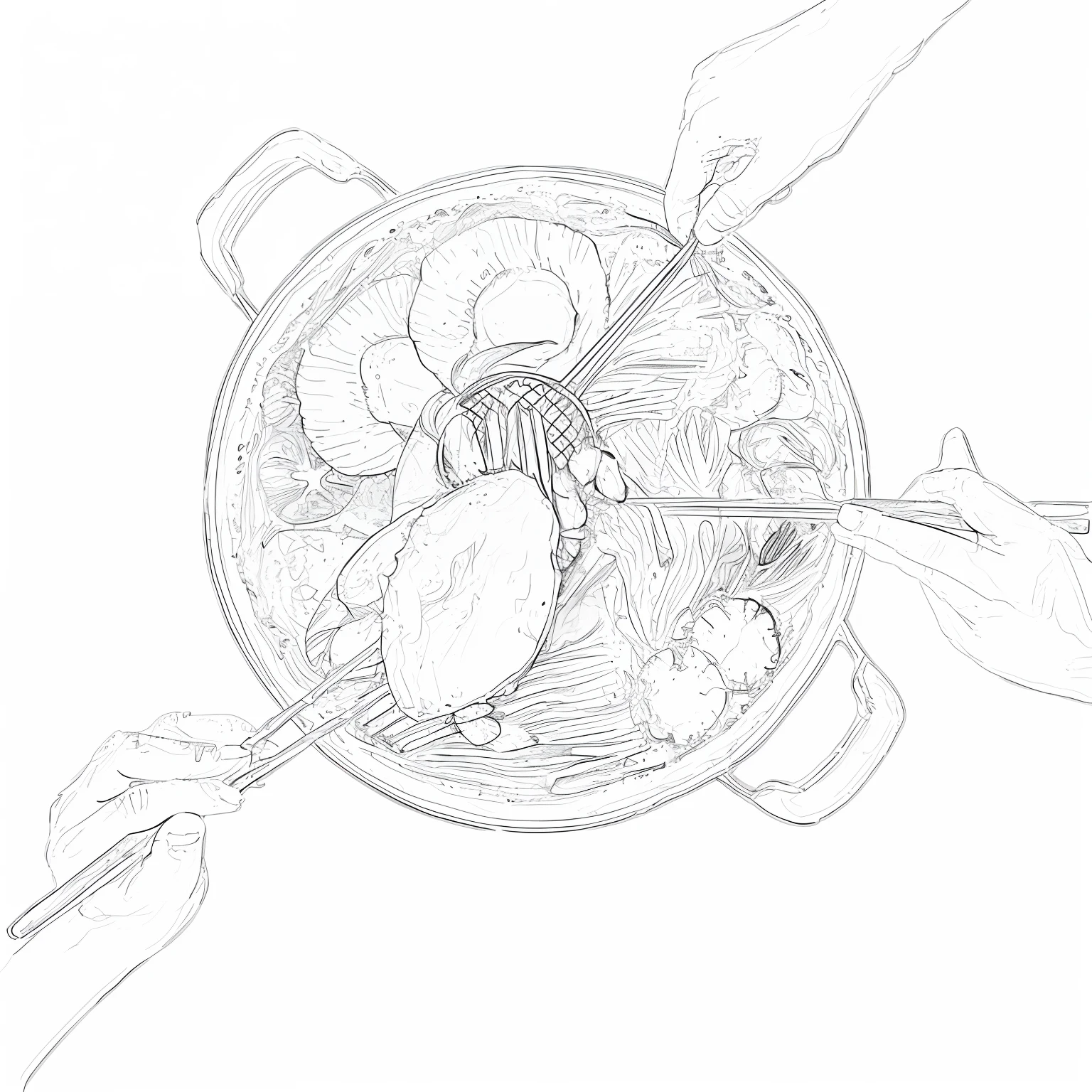 someone is holding a fork and a knife over a plate of food, boiling imagination in a bowl, intense line art, dissection sketch, black and white illustration, detailed digital drawing, digital drawing, illustration black outlining, by Andrei Kolkoutine, intense black line art, boiling, by Adam Marczyński, detailed digital illustration, fine line art