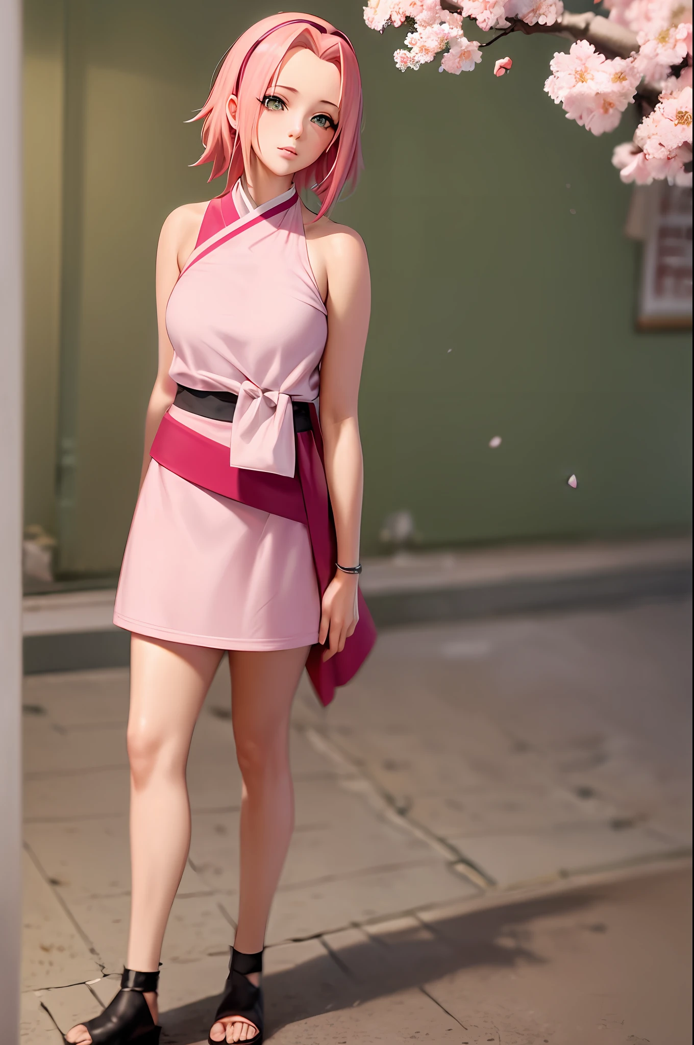 Sakura Haruno,A pink-haired,shorth hair,Red headband,Green eyes,Cherry blossom background