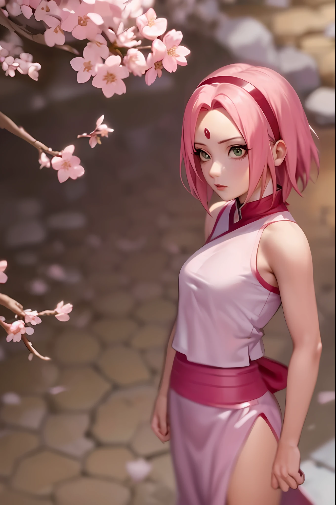 Sakura Haruno,A pink-haired,shorth hair,Red headband,Green eyes,Cherry blossom background