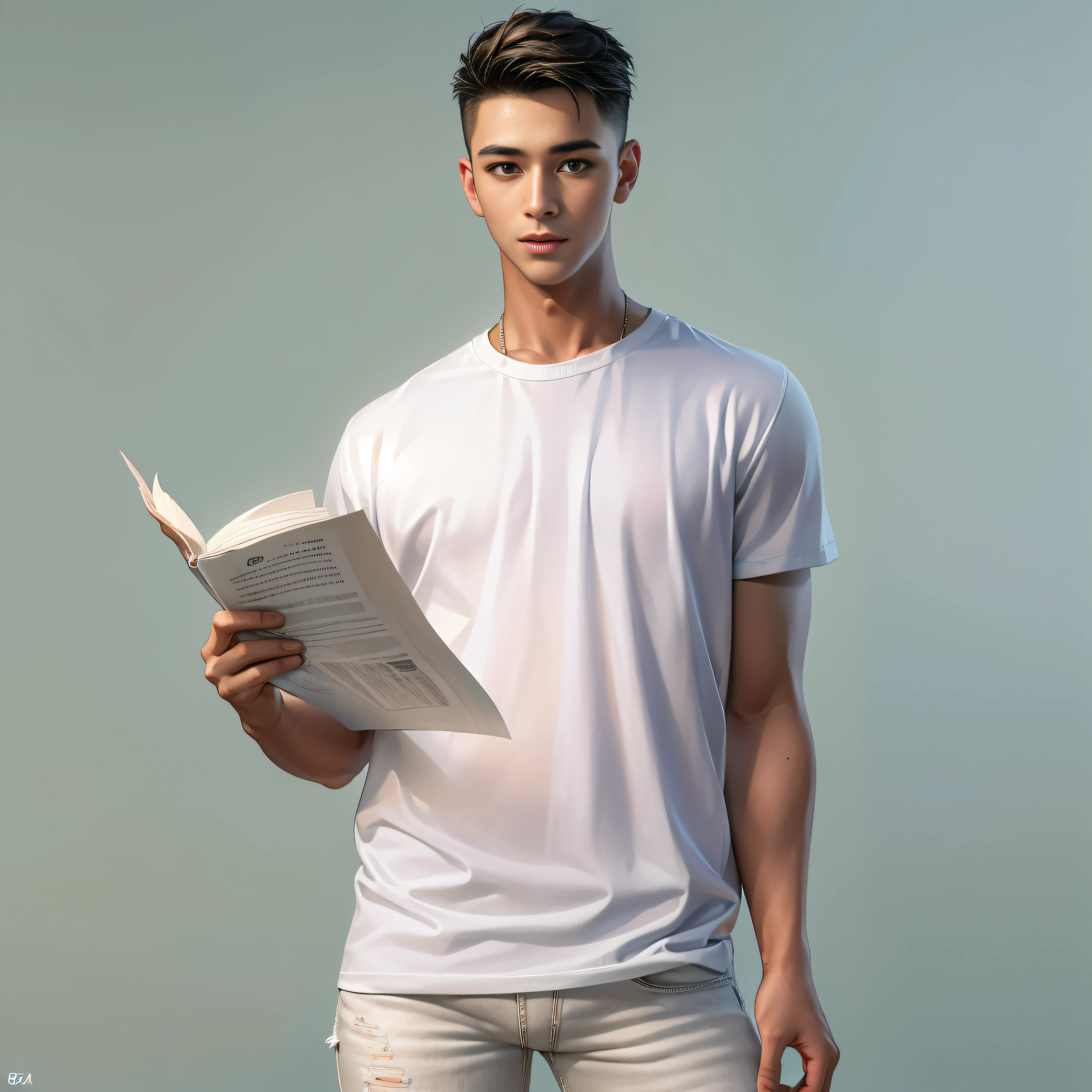 (8K,RAW photos,best qualtiy,tmasterpiece:1.2),(realisticlying,photograph realistic:1.37),(Long shots:3), A male classmate is dressed(White T-shirt and jeans),Holding a piece of paper in his hand